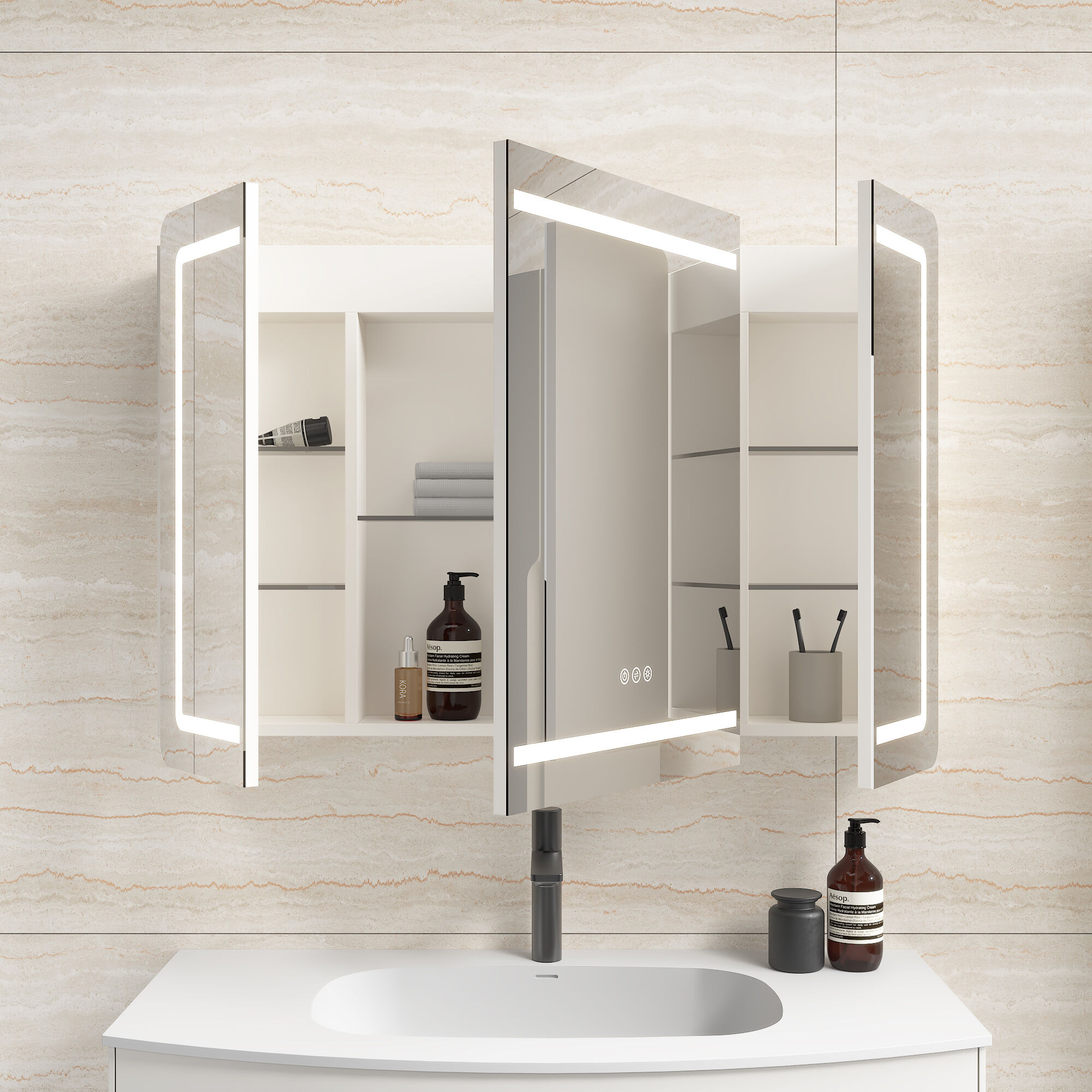 Spiegelschrank Riva 100 cm inkl. LED-Lampe und Glasböden montiert weiß matt