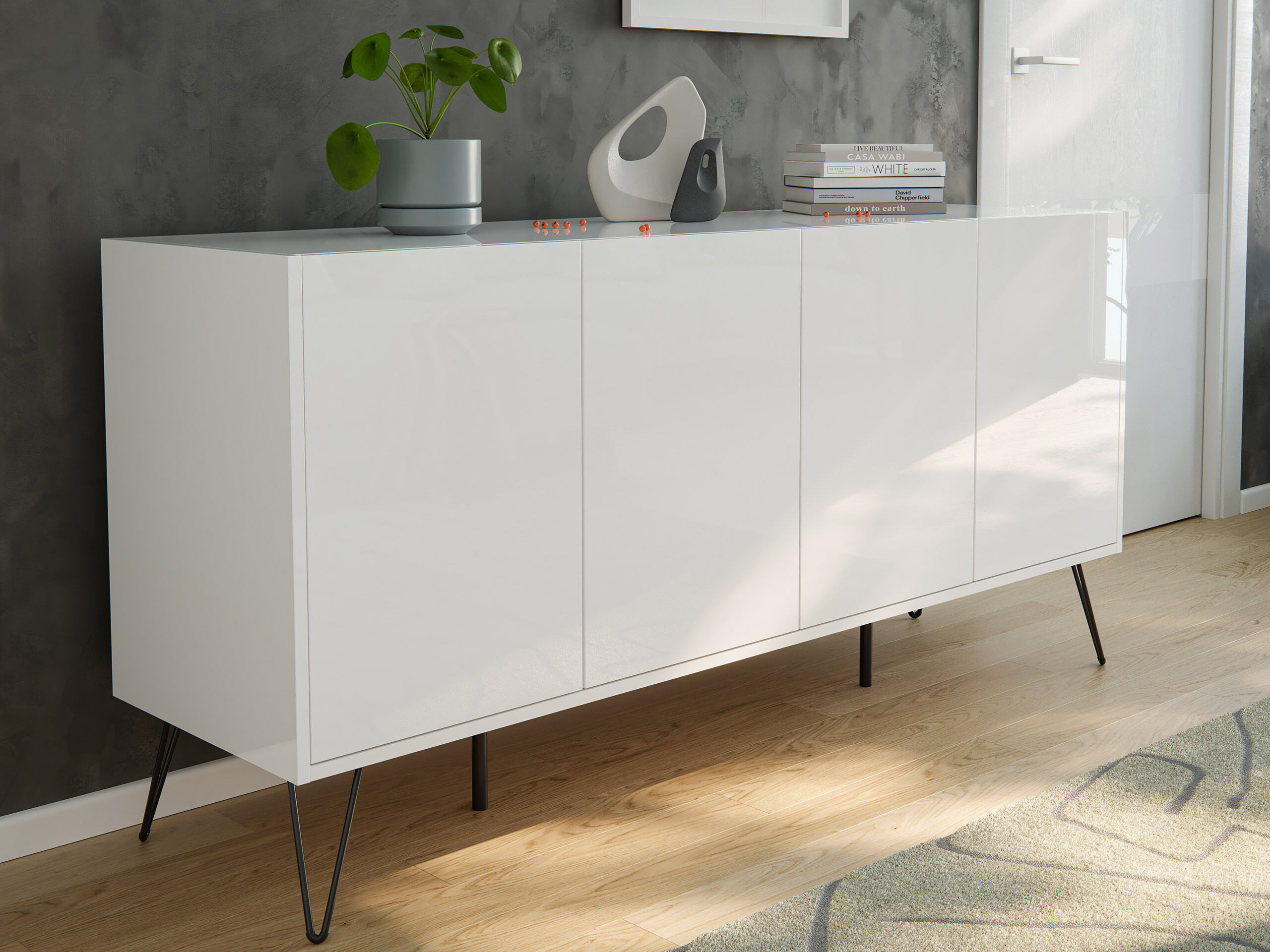 Raumwunder XL Sideboard Kommode Maxim 155cm stehend 4 Türen Weiß hochglanz