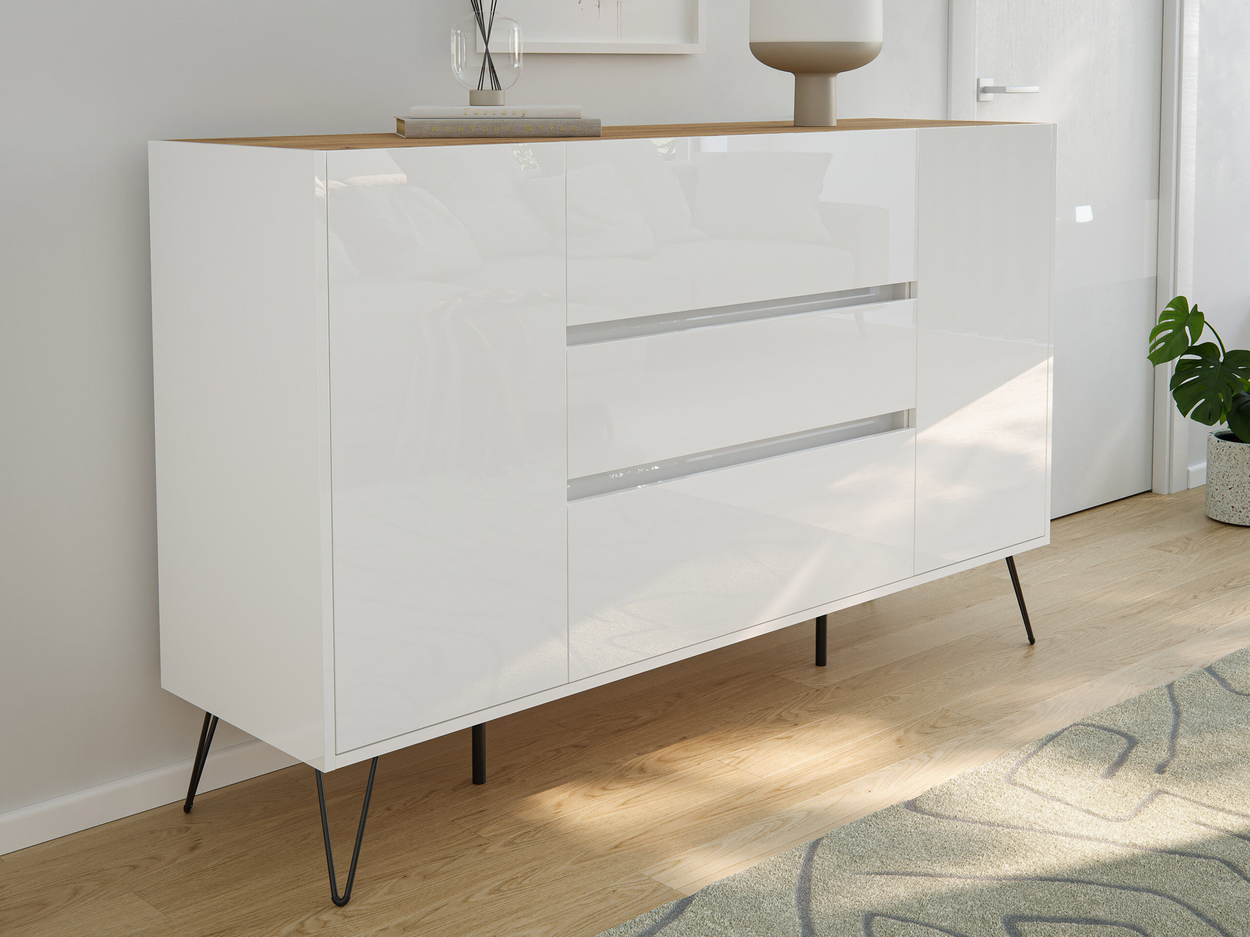 Sideboard Kommode Lovo 155cm Greifraum 3 SoftClose 2 Türen Weiß/Eiche Front