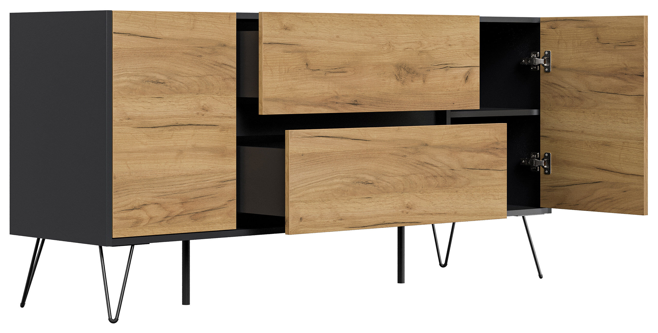 Sideboard Yako 155cm 2 SoftClose 2 Türen Grafit/Eiche Front