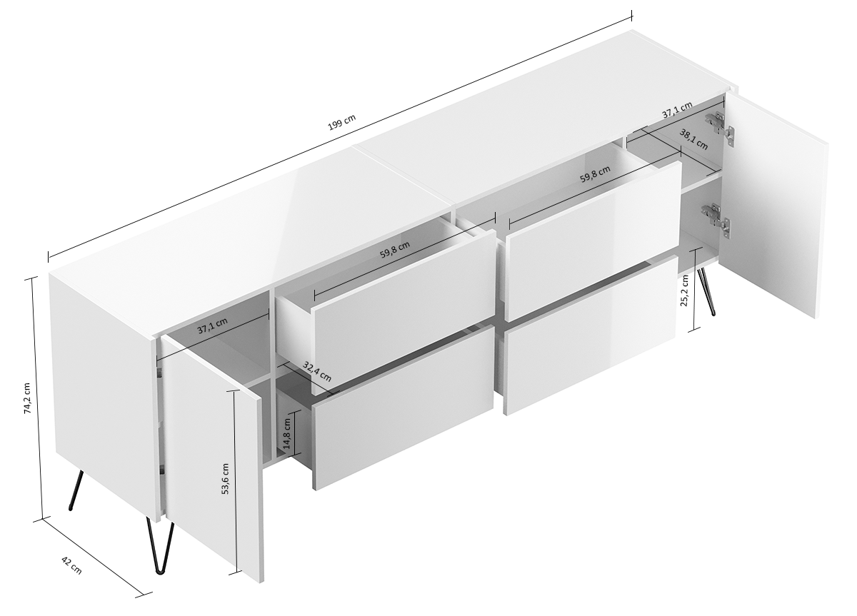Sideboard Yako 200cm 2 Türen 4 Schubladen Weiß Hgl mit Eiche Top