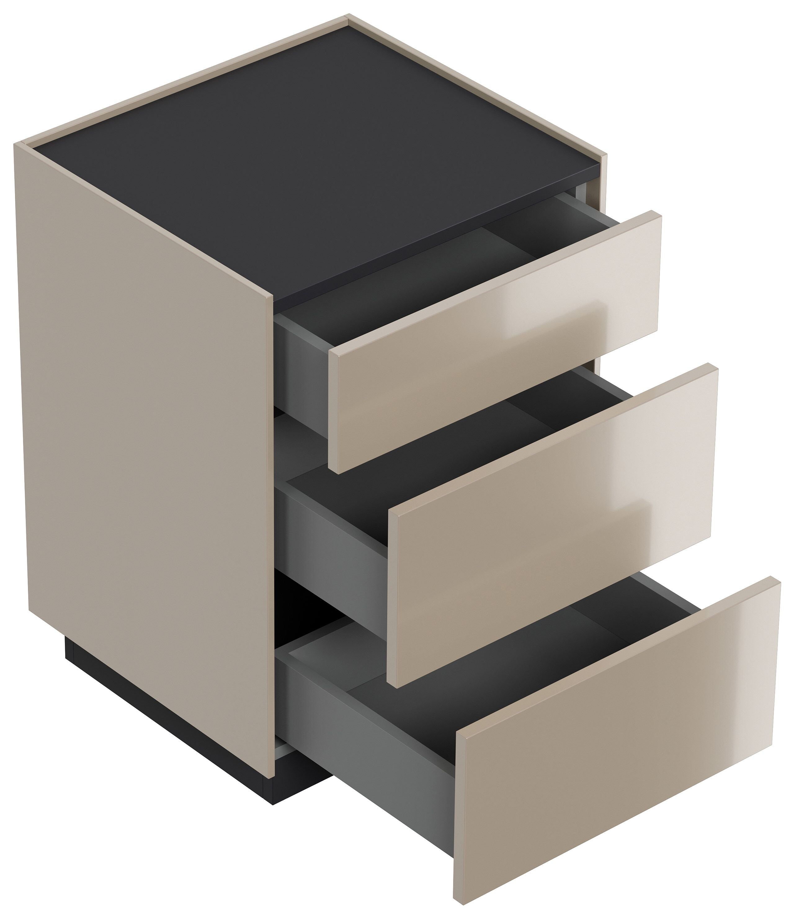 Nachttisch Kommode Lux M 50cm, 3 Pushauszüge lackiert Grafit für Boxspringbett