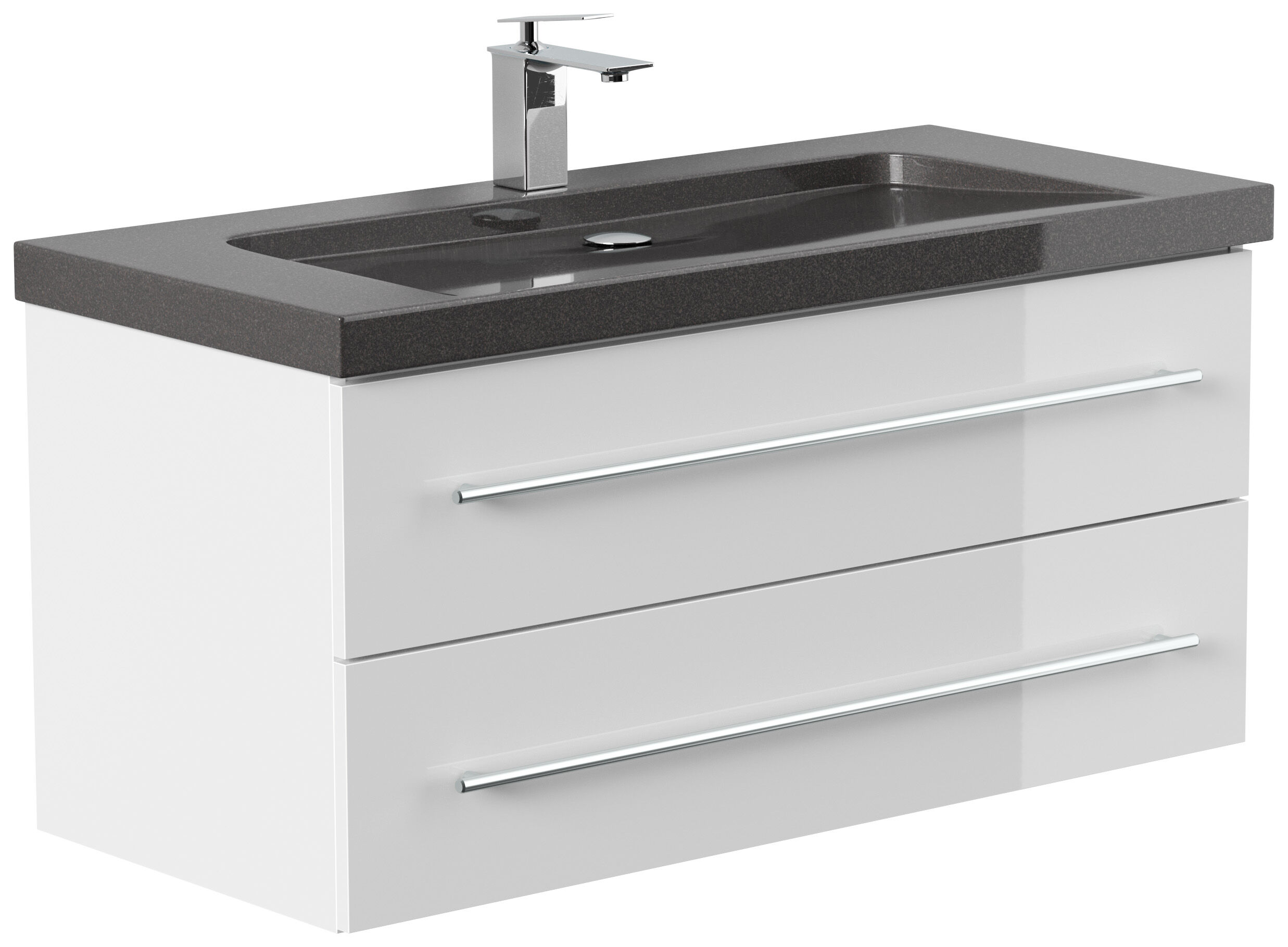 Badmöbel Granit India Black Damo 100 cm 1 Hahnloch SoftClose weiß hochglanz