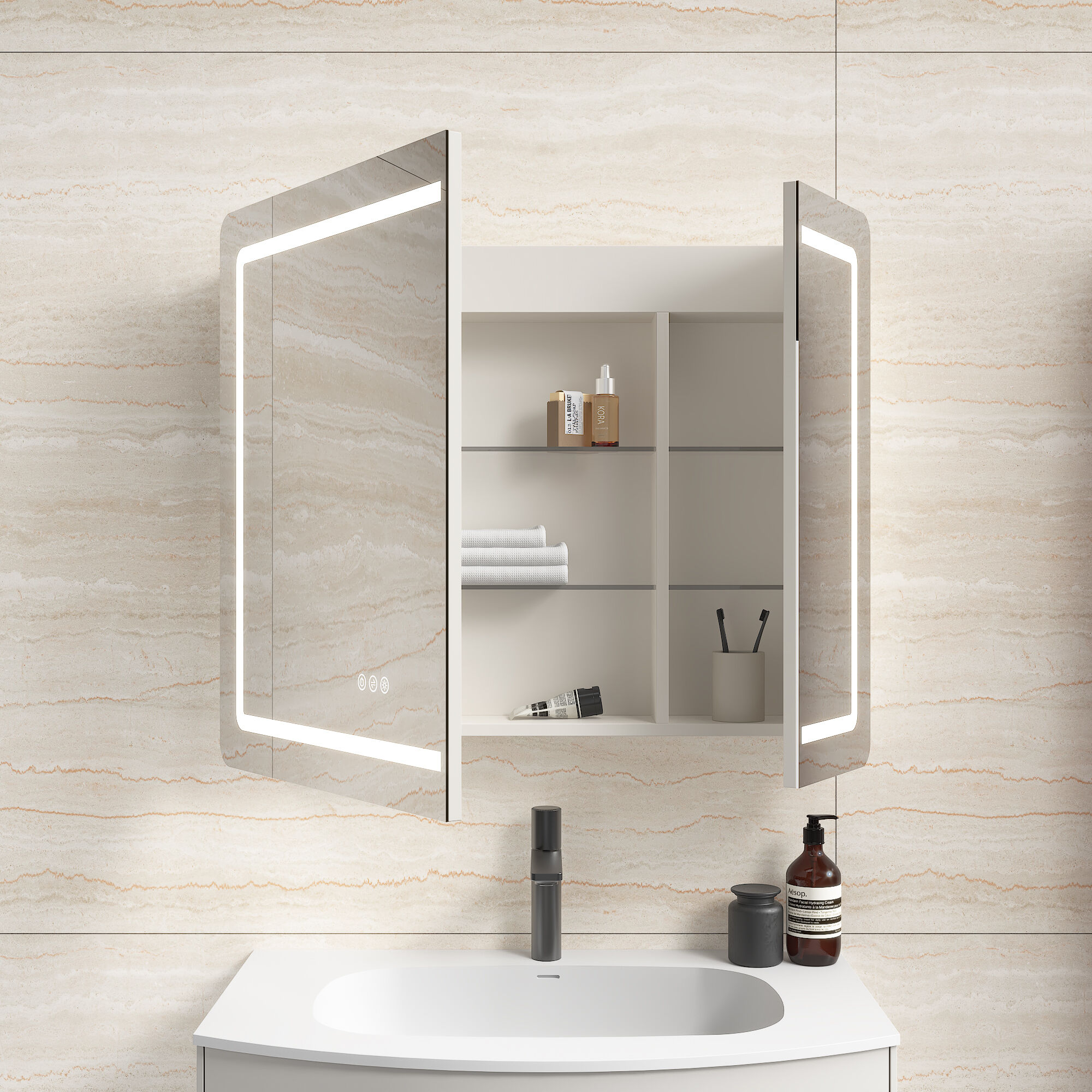 Spiegelschrank Riva 80 cm inkl. Design LED-Lampe und Glasböden weiß matt