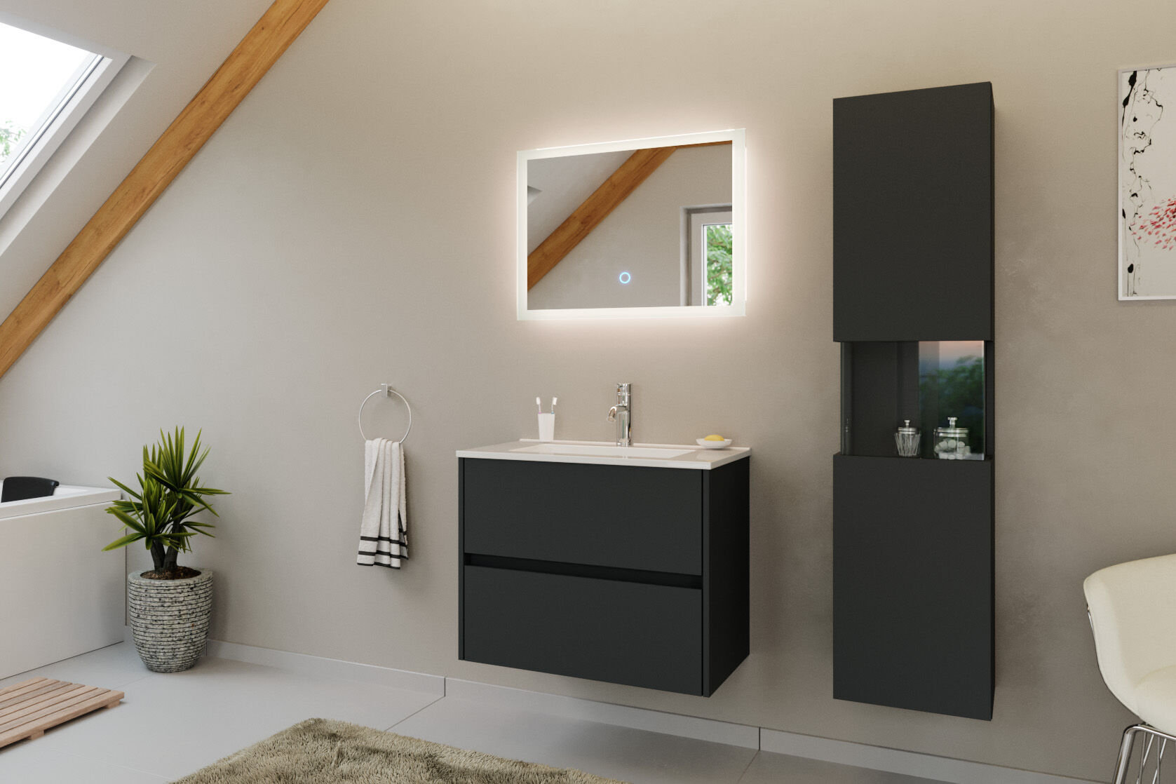 Badmöbel Set Taifun 3tlg. 70 cm mit LED Spiegel & Hochschrank Grafit | Grafit