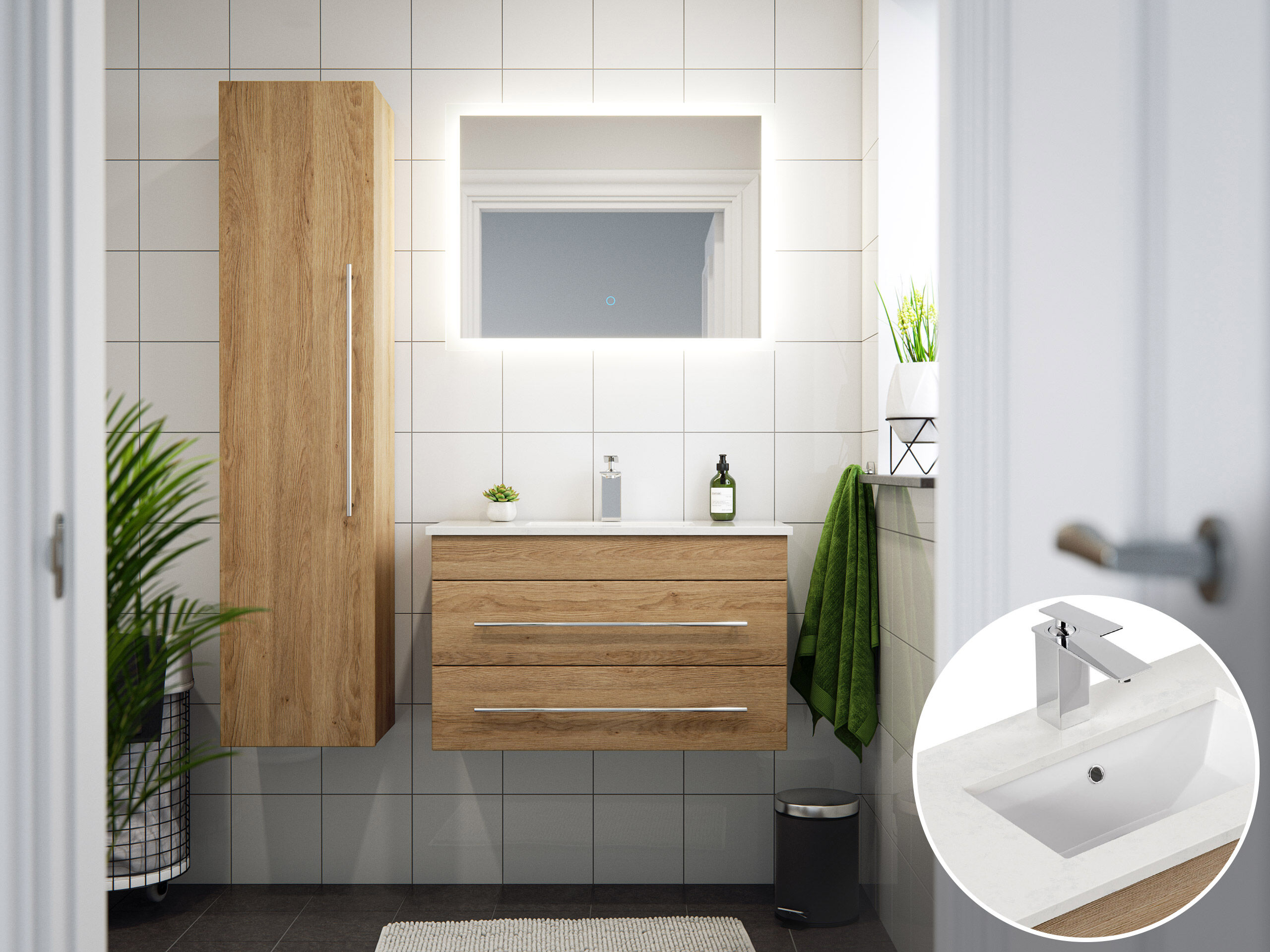 Badmöbel-Set Eton 800 Quarz Carrara 3tlg LED-Spiegel SoftClose weiss hochglanz