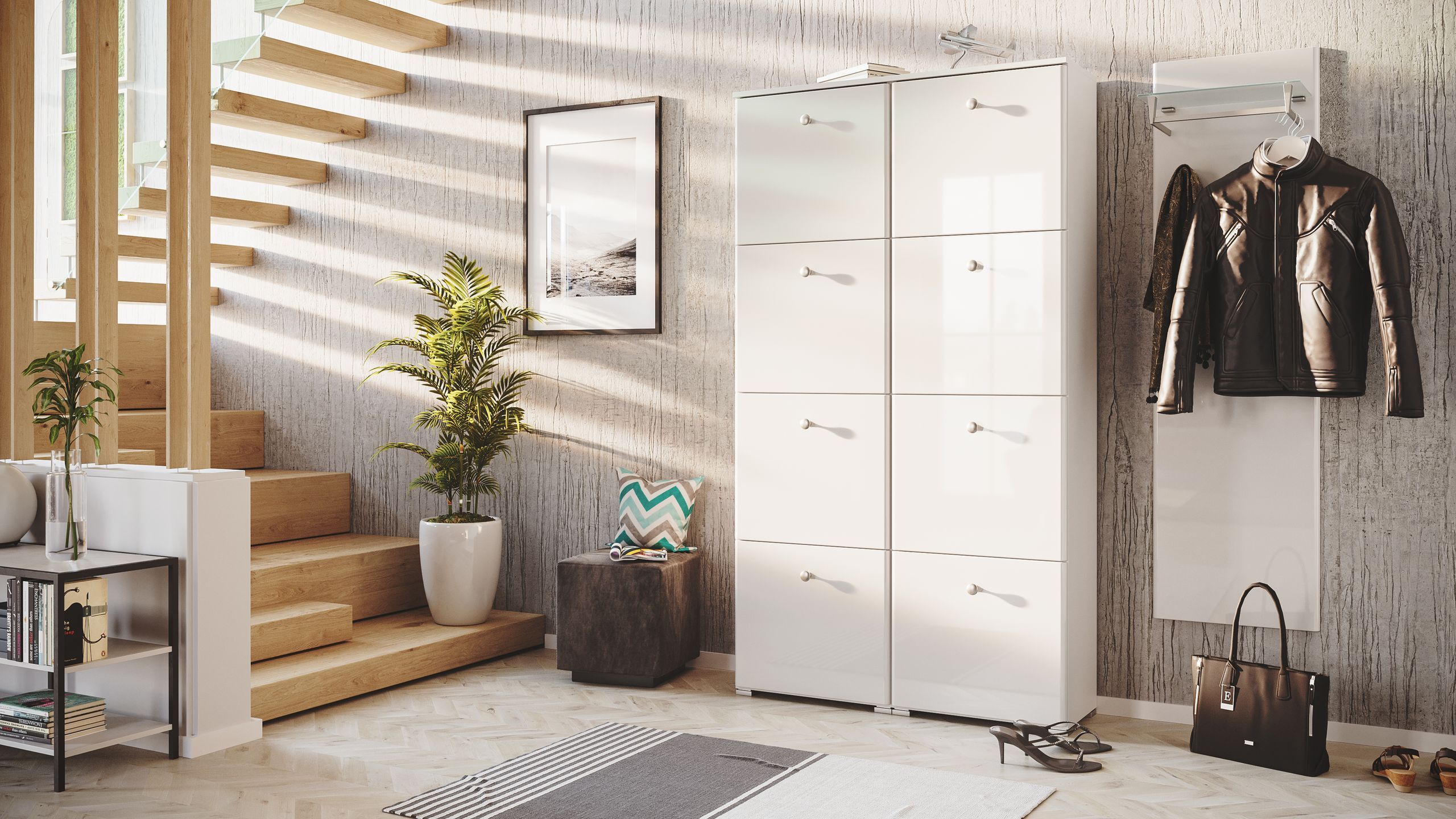 Garderobe Set 113 Brawley 2 tlg Schuhschrank 8 Klappen 32 Paar Weiss-Weiss Hgl