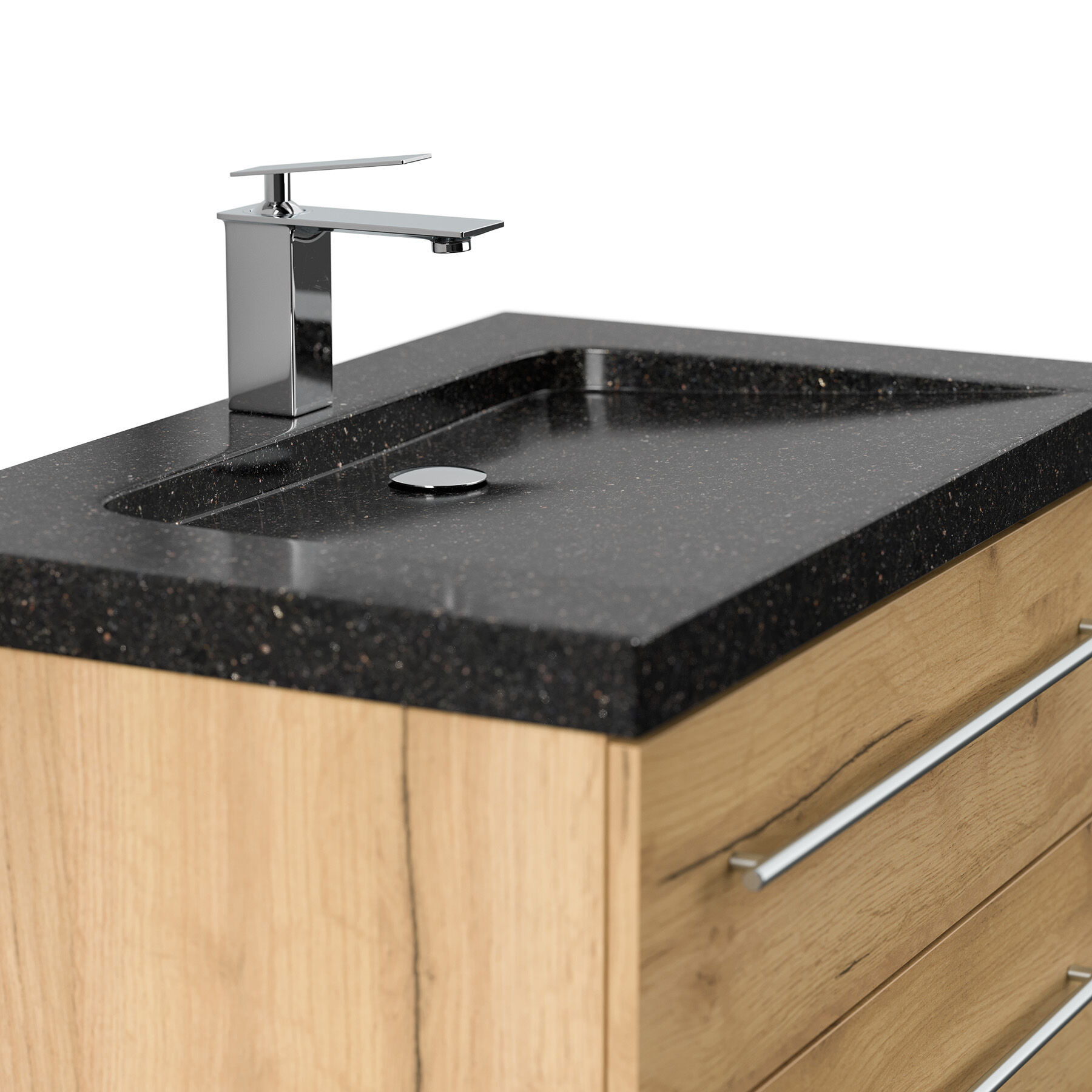 Badmöbel Granit Galaxy Black Damo 75 cm 1 Hahnloch SoftClose eiche gold