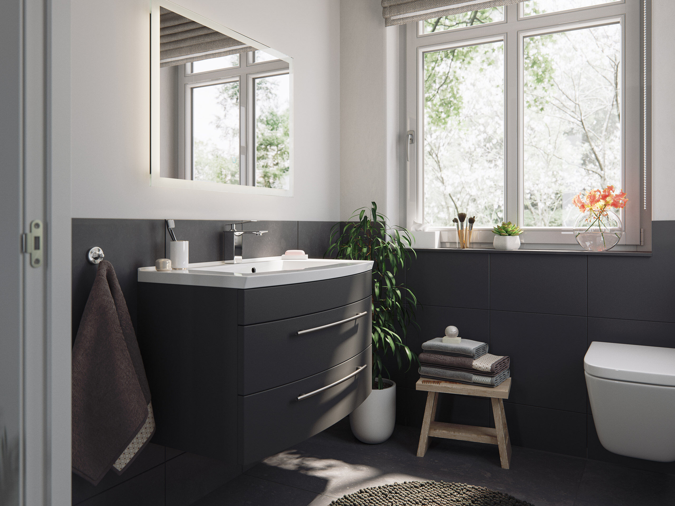 Badmöbel Bella 80 mit runder Front SoftClose anthrazit LED Spiegel
