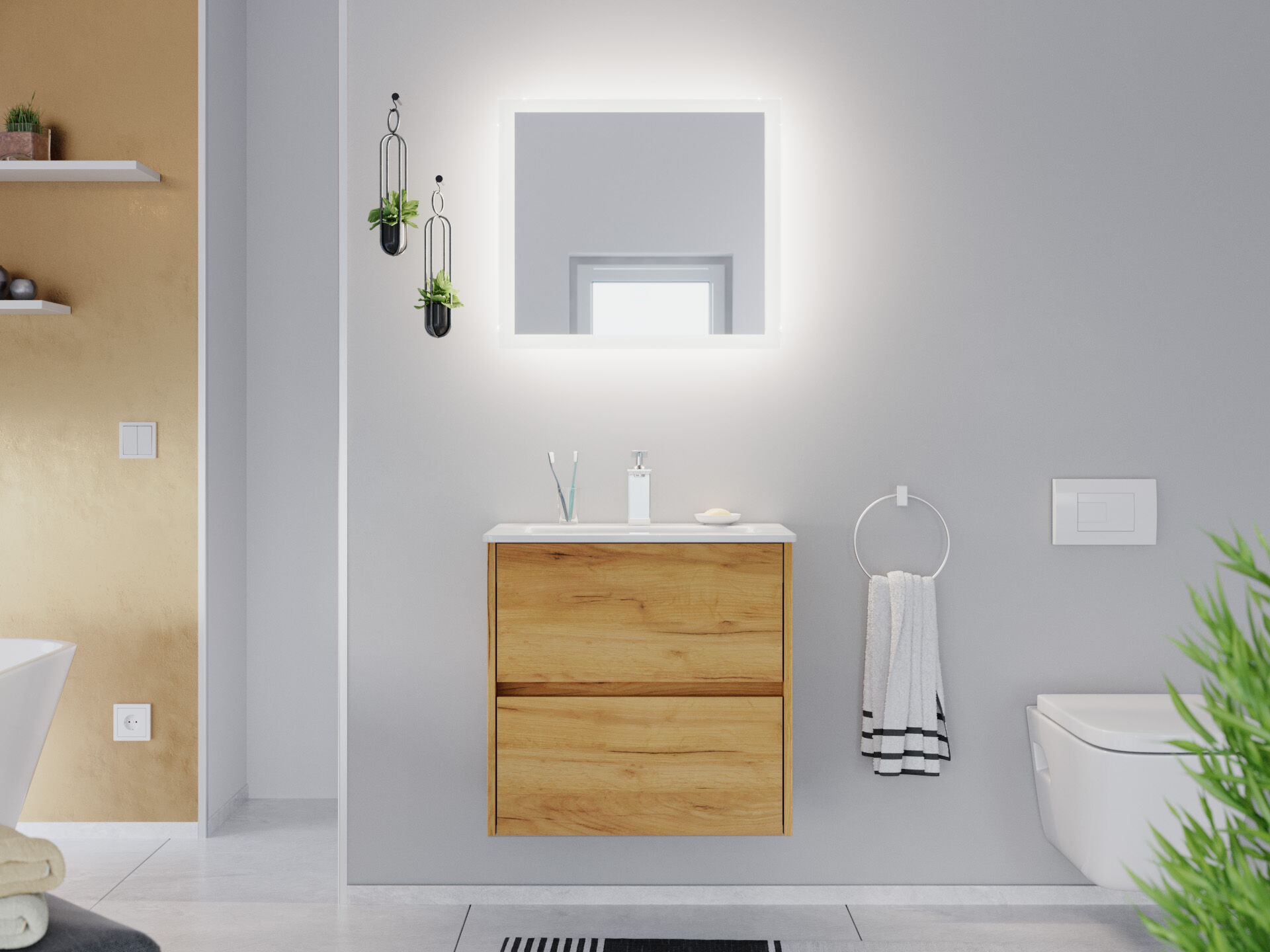Badmöbel Set Taifun Slimline 60cm & LED Spiegel eiche gold