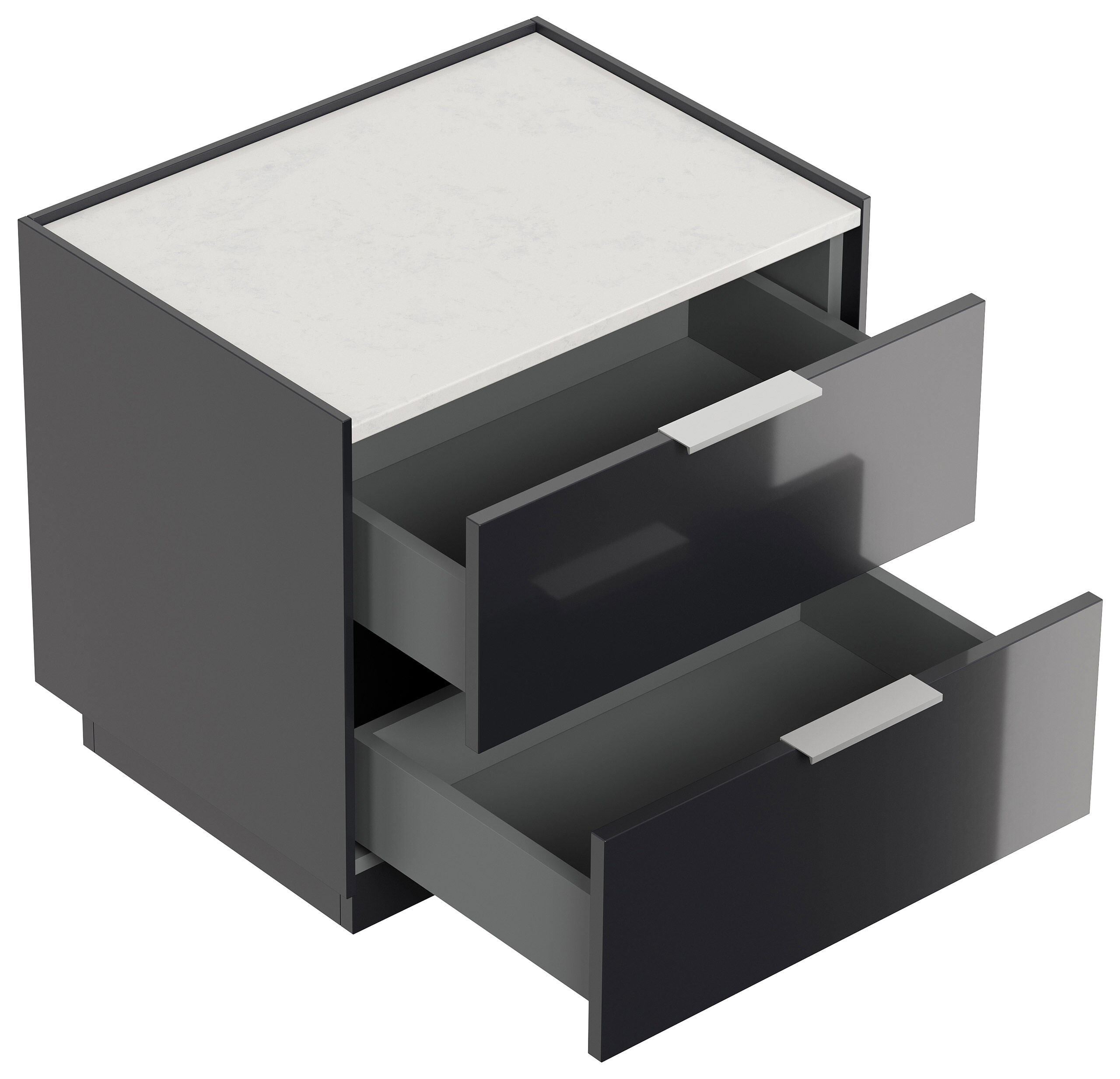 Design Nachttisch Kommode Artem 60cm, Quarztop, 2 Softeinzüge lackiert Weiß Hgl