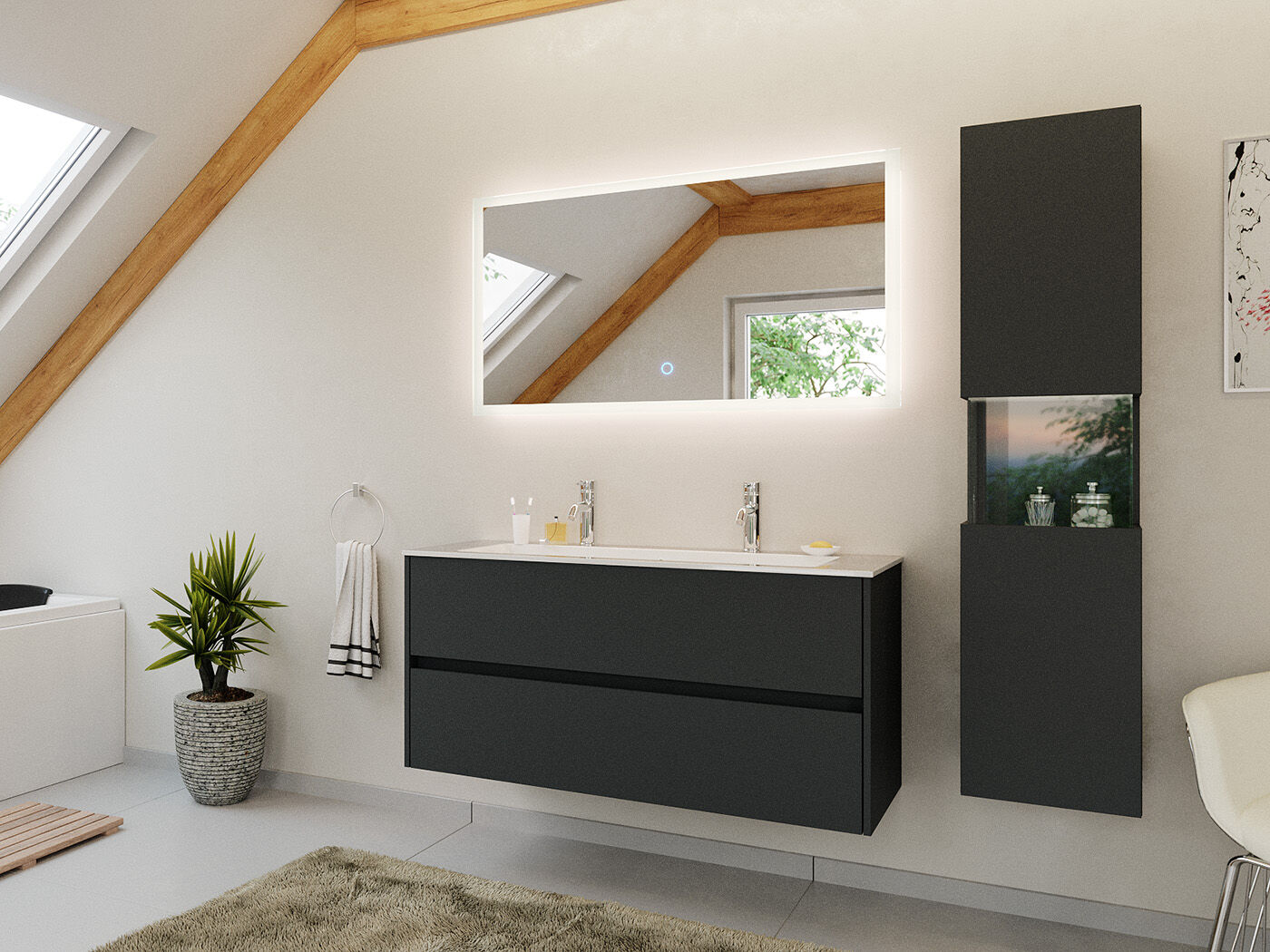 Doppel-Badmöbel Set Taifun 3tlg. 120 cm mit LED Spiegel & Hochschrank weiß Hgl