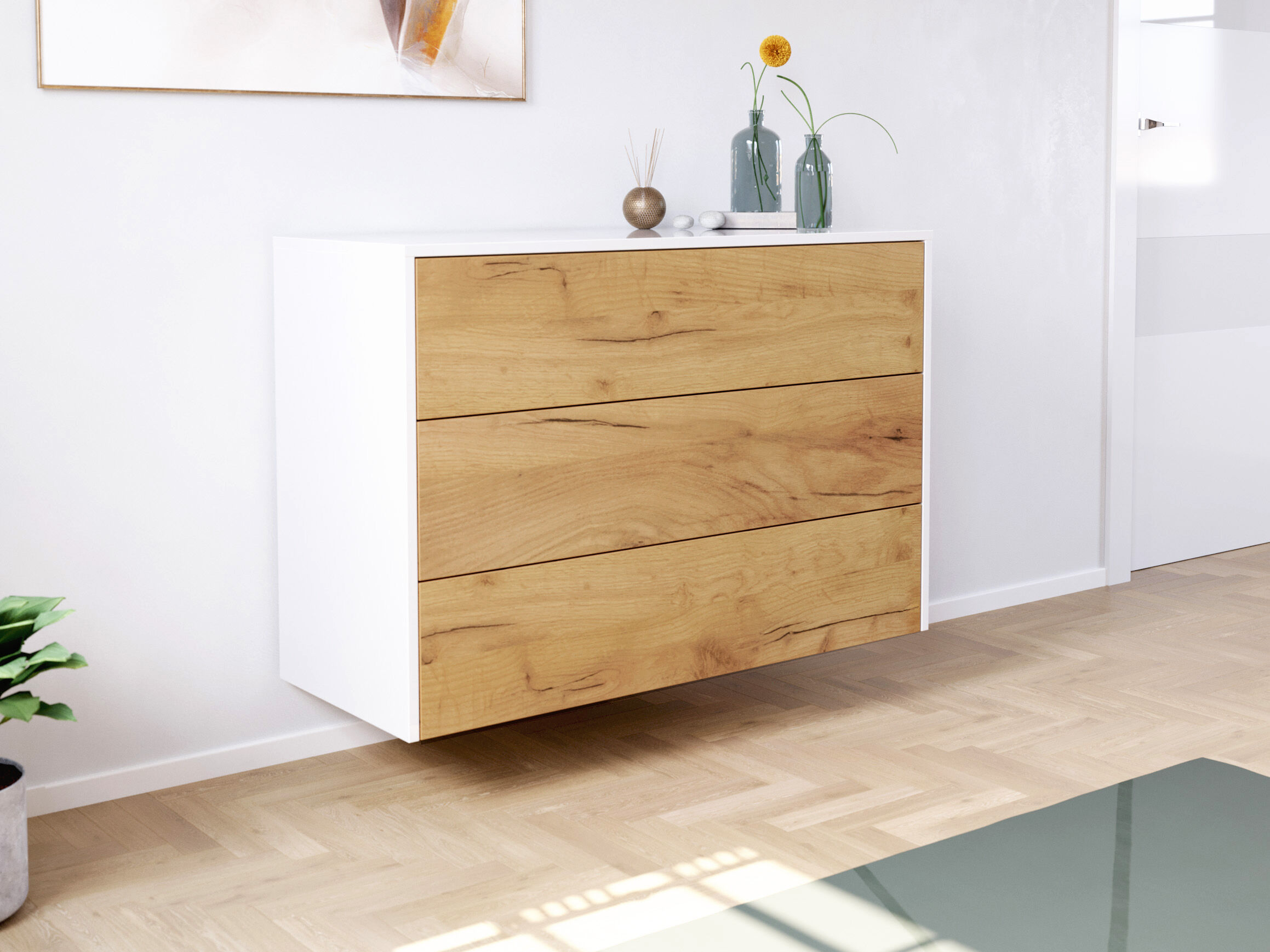Sideboard Kommode Hero B hängend 100cm 3 Pushauszüge Weiß Hgl Eiche | Weiss hochglanz / Eiche Gold