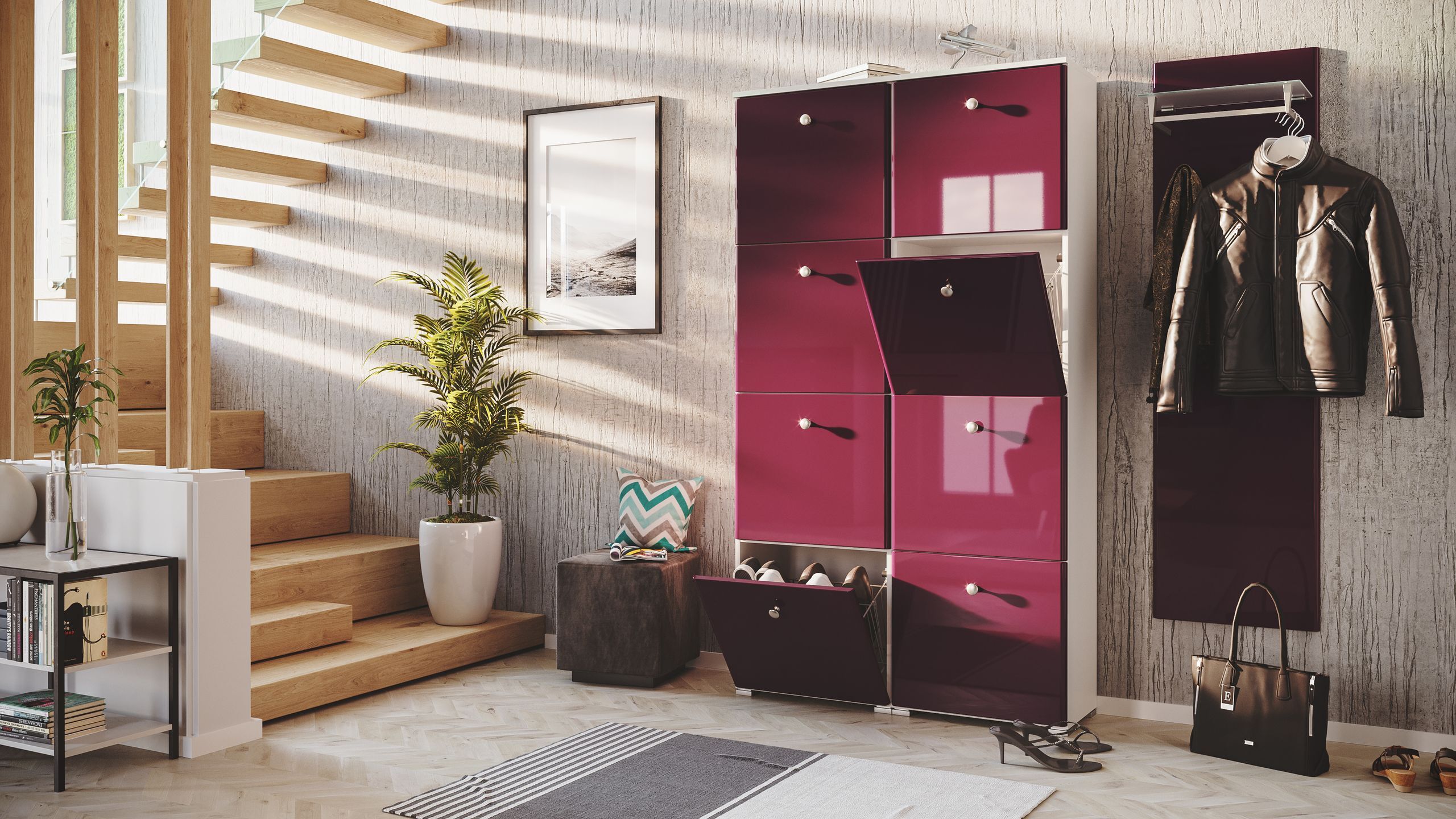 Garderobe Set 113 Brawley 2 tlg Schuhschrank 8 Klappen 32 Paar Weiss-Brombeer