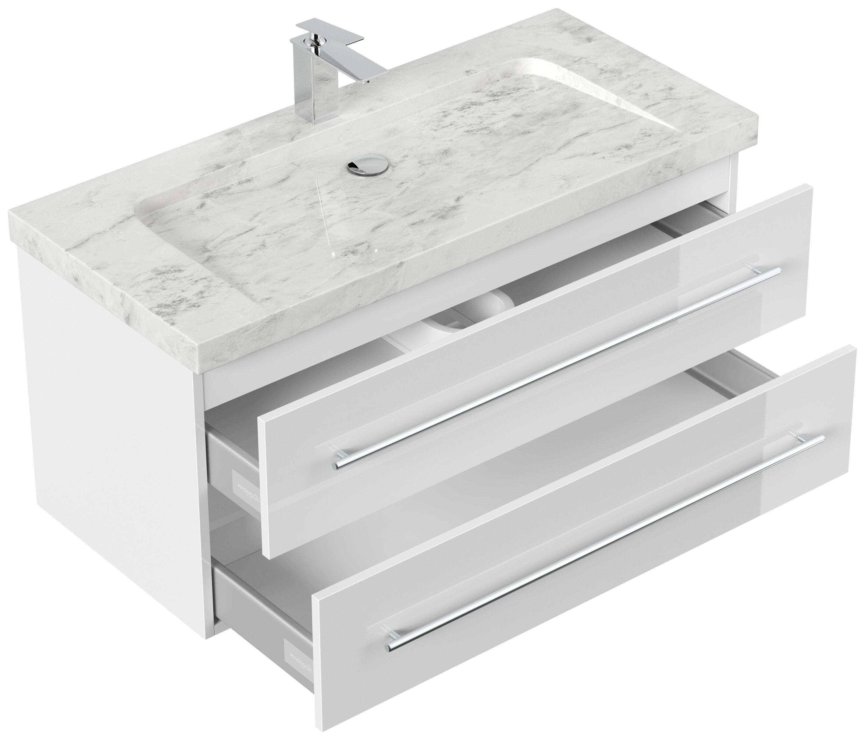 Badmöbel Marmor Carrara White Damo 100 cm 1 Hahnloch SoftClose weiß hochglanz