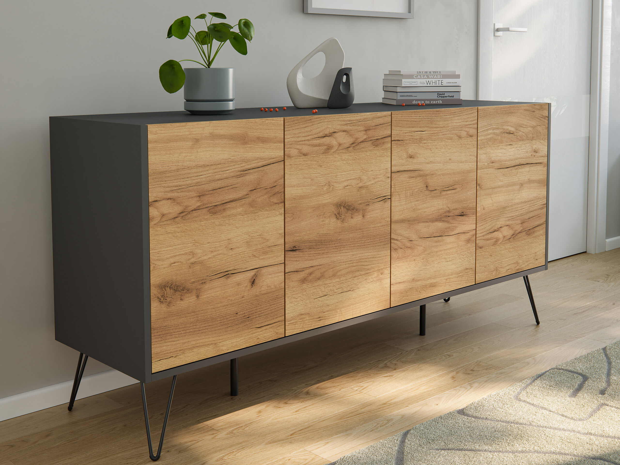 Raumwunder XL Sideboard Kommode Maxim 155cm stehend 4 Türen Grafit/Eiche Front