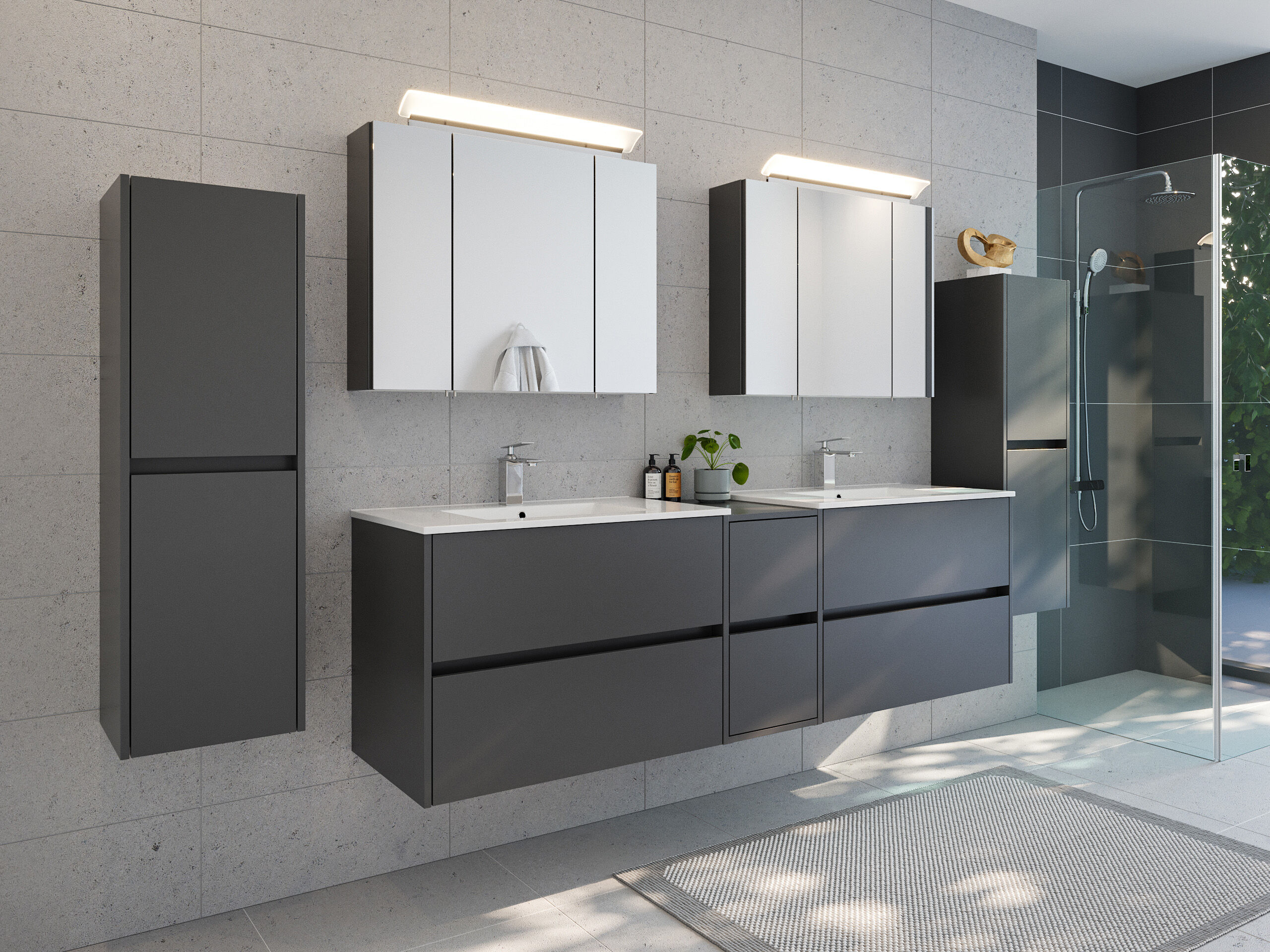 Badmöbelset Taifun 190cm 5tlg mit 2x Spiegelschrank & 2x Seitenschrank grafit