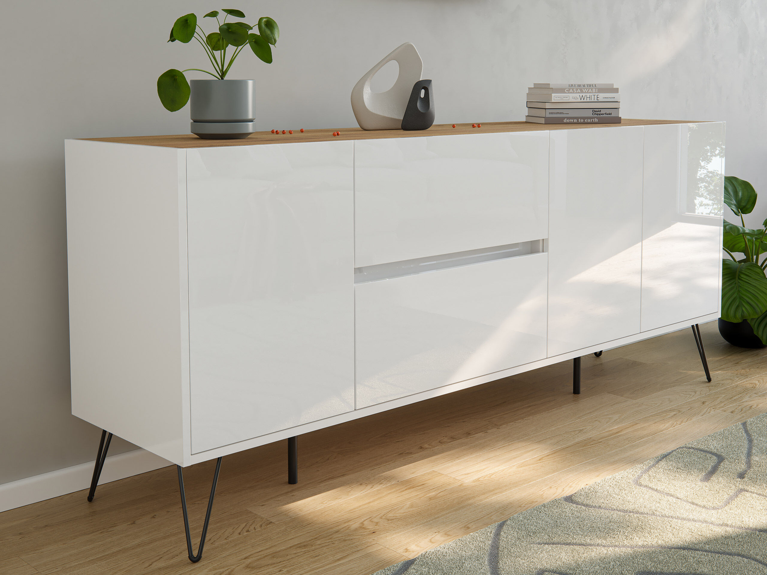 Sideboard Yako 180cm 2 SoftClose 3 Türen Weiß/Eiche Top | Weiss hochglanz / Eiche Gold