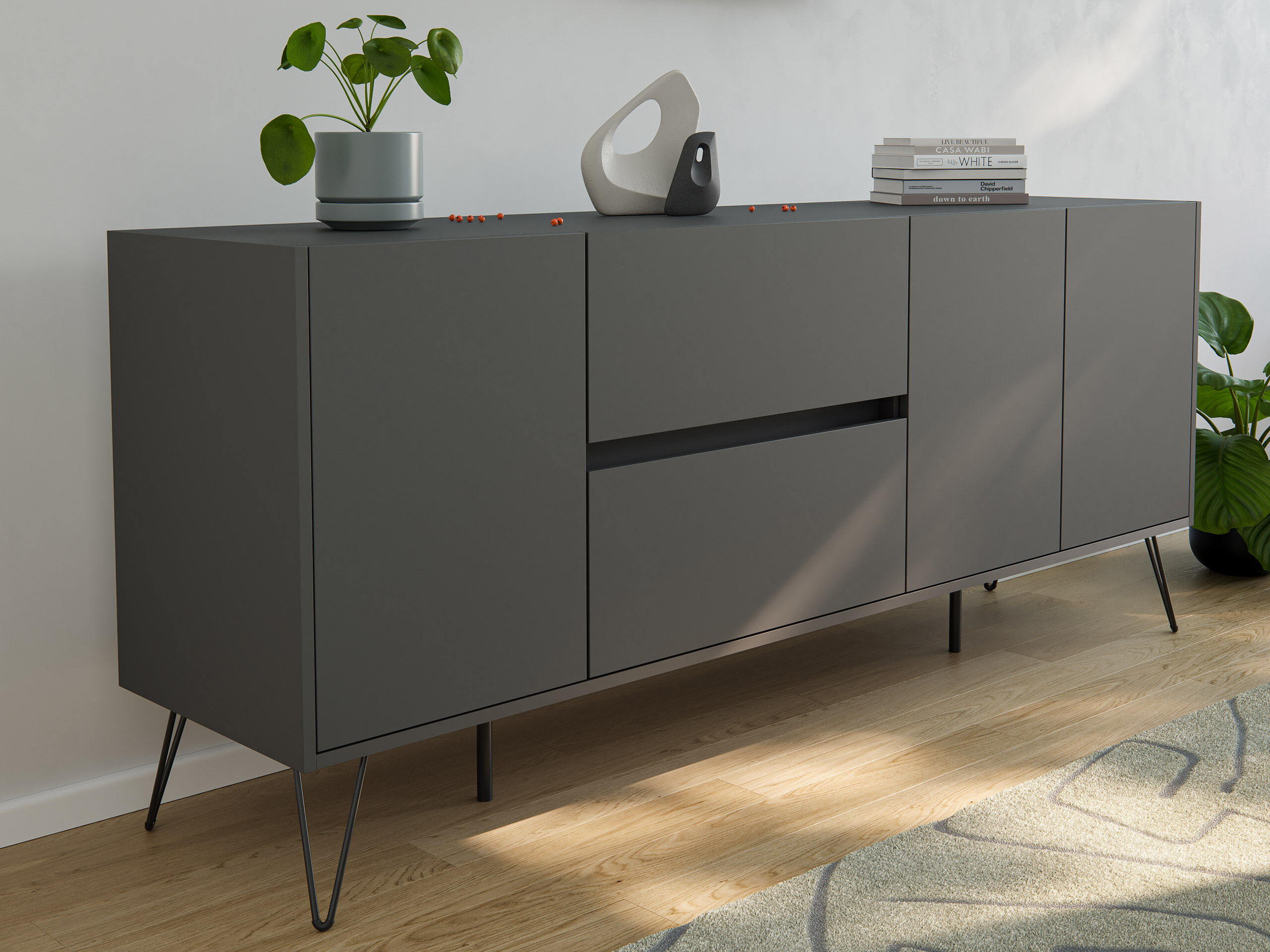 Raumwunder XL Sideboard Kommode Pharo 180cm 2 SoftClose 3 Türen Grafit/Eiche Top