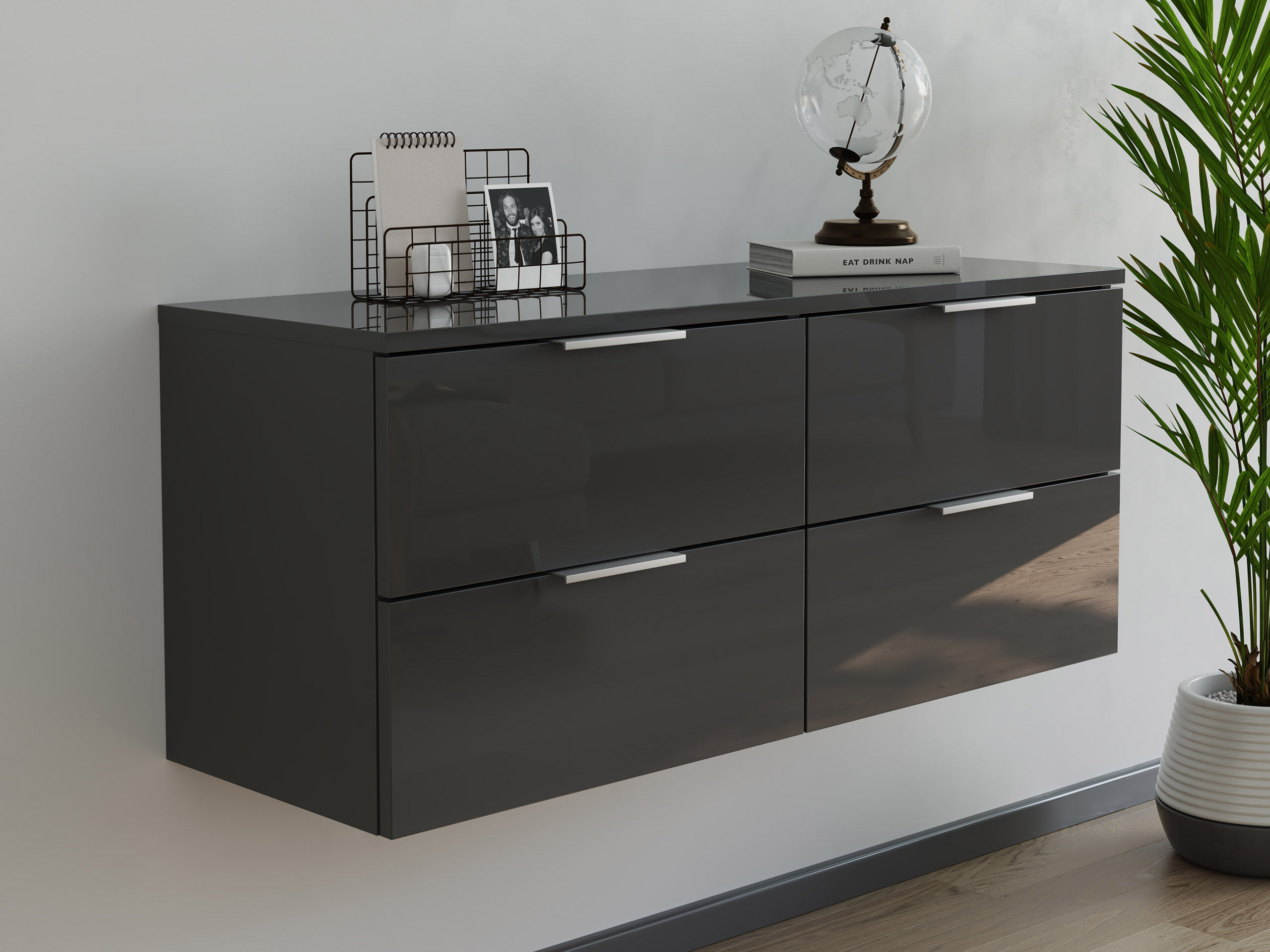 Design Hängekonsole Sideboard Urban Slimline 4 Softeinzüge lackiert Creme-Grafit