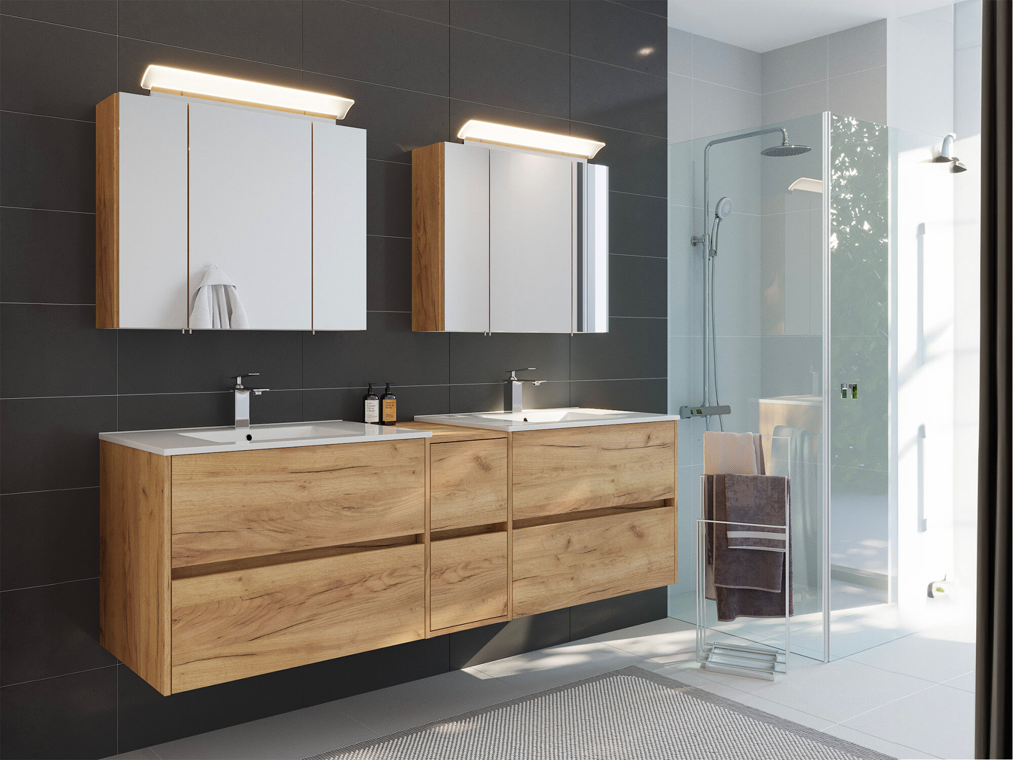 Badmöbelset Taifun 190cm 3tlg mit 2x Spiegelschrank eiche gold