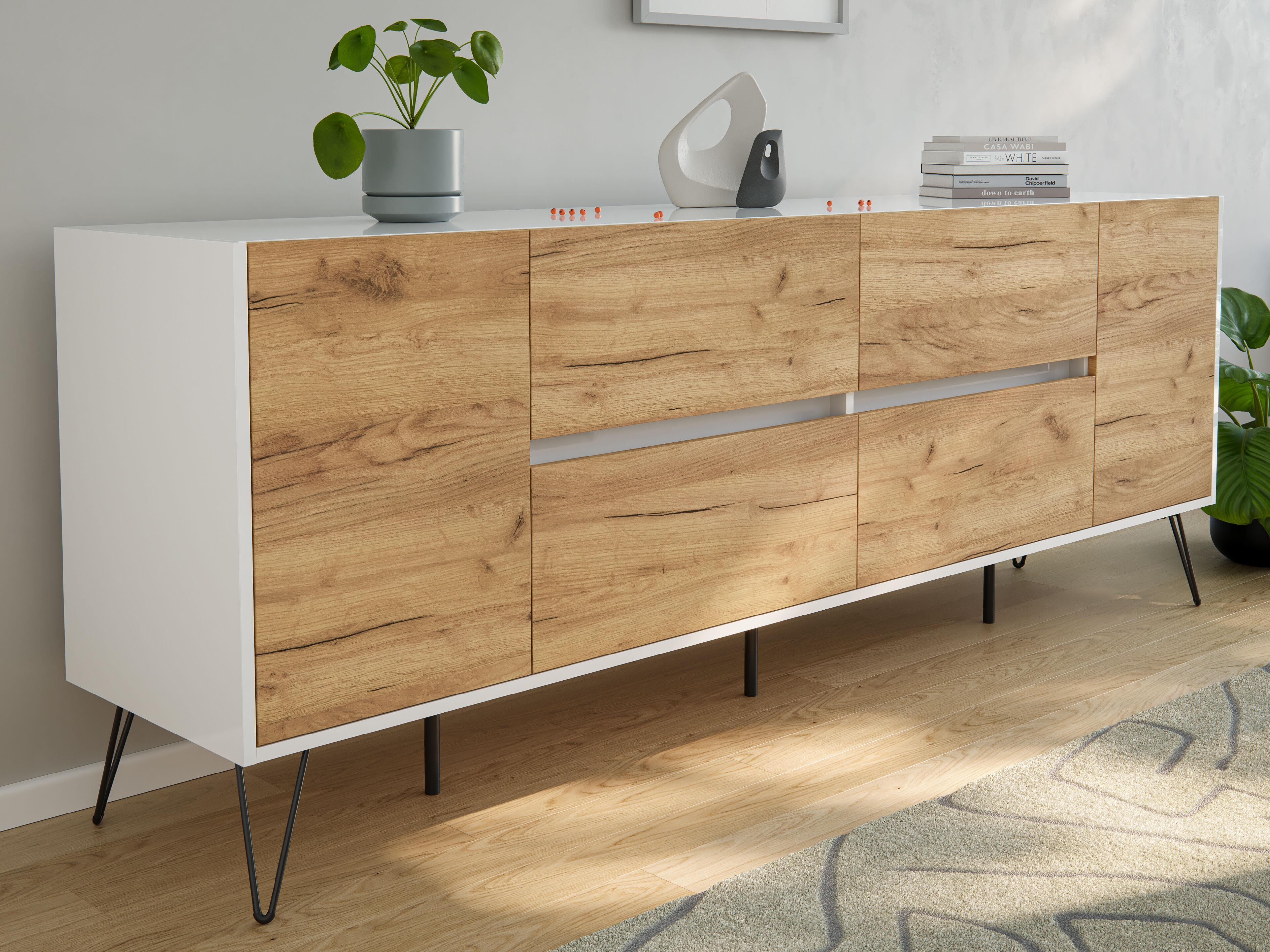 Raumwunder XXL Sideboard Heros 200cm 4 SoftClose 2 Türen Weiß/Eiche Front