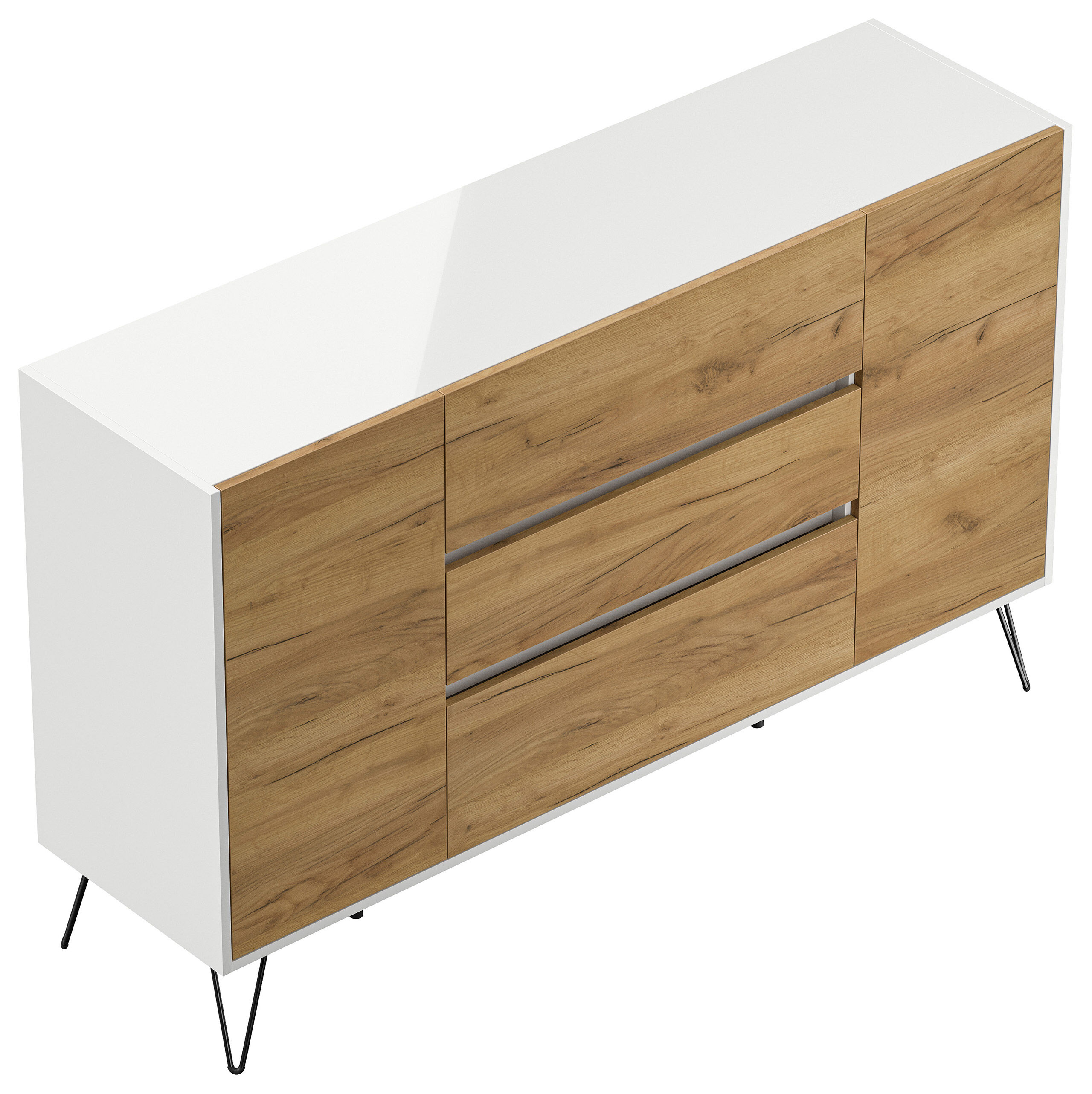 Sideboard Kommode Lovo 155cm Greifraum 3 SoftClose 2 Türen Weiß/Eiche Front