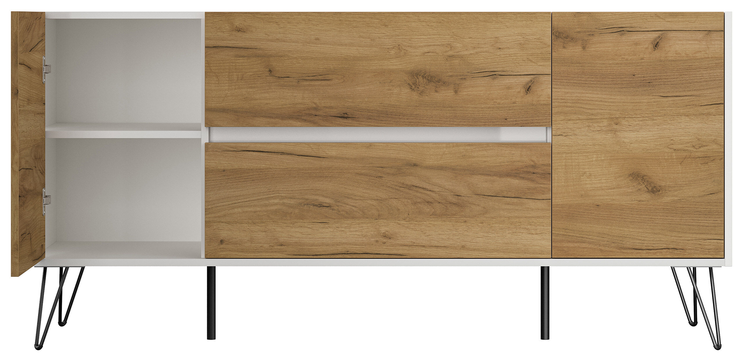 Sideboard Yako 155cm 2 SoftClose 2 Türen Weiß/Eiche Front