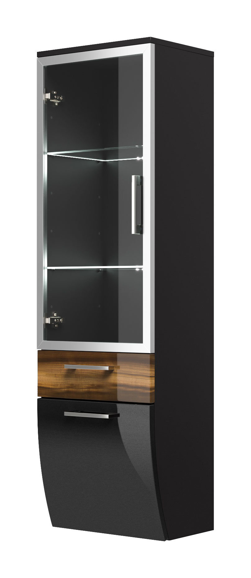 Hochschrank Rima 135 cm mit Glastür rund Walnuss hochglanz/Grafit hochglanz