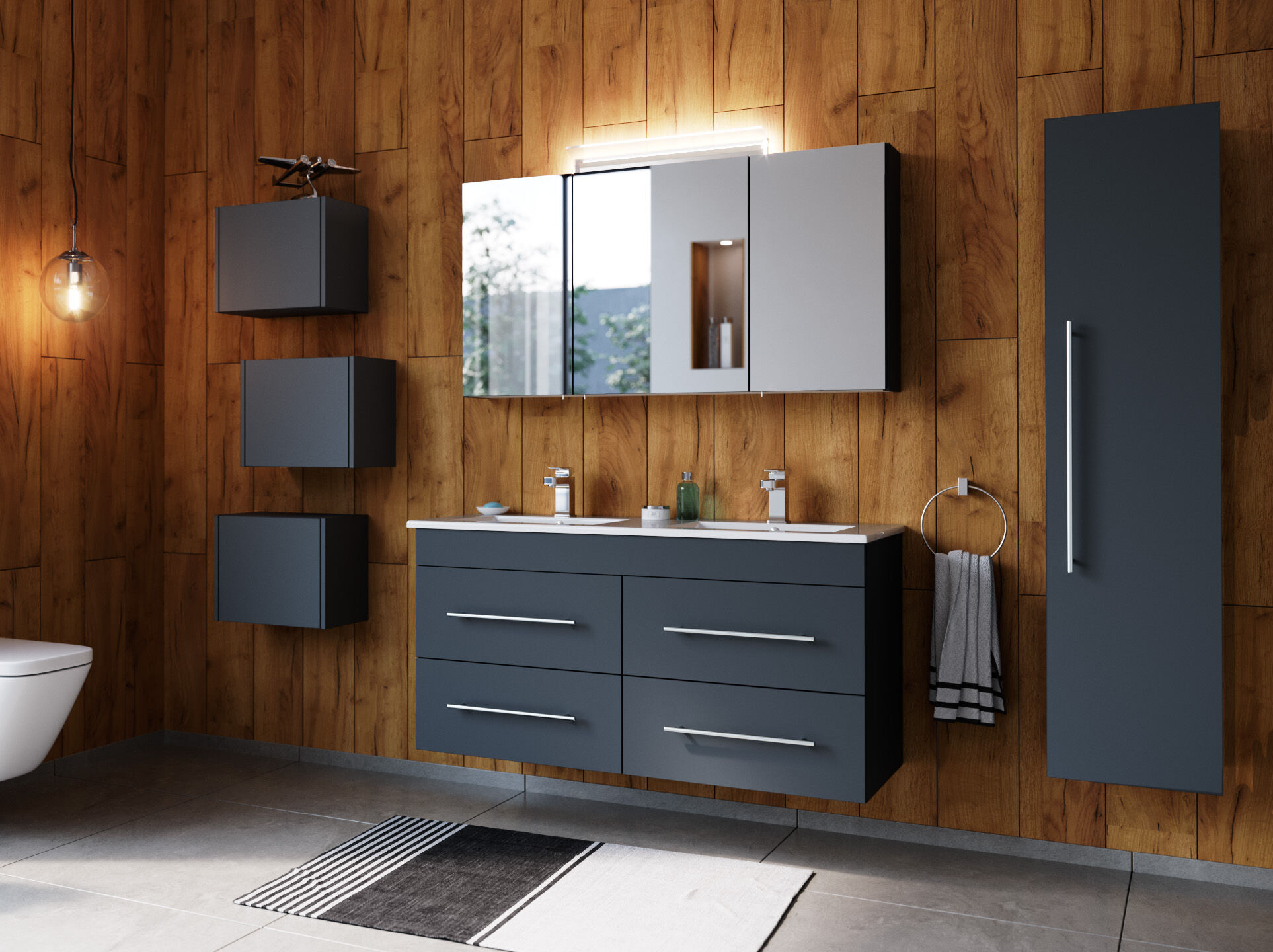 Badmöbelset Helios 4-teilig Spiegelschrank Hochschrank 3er Boxen grafit