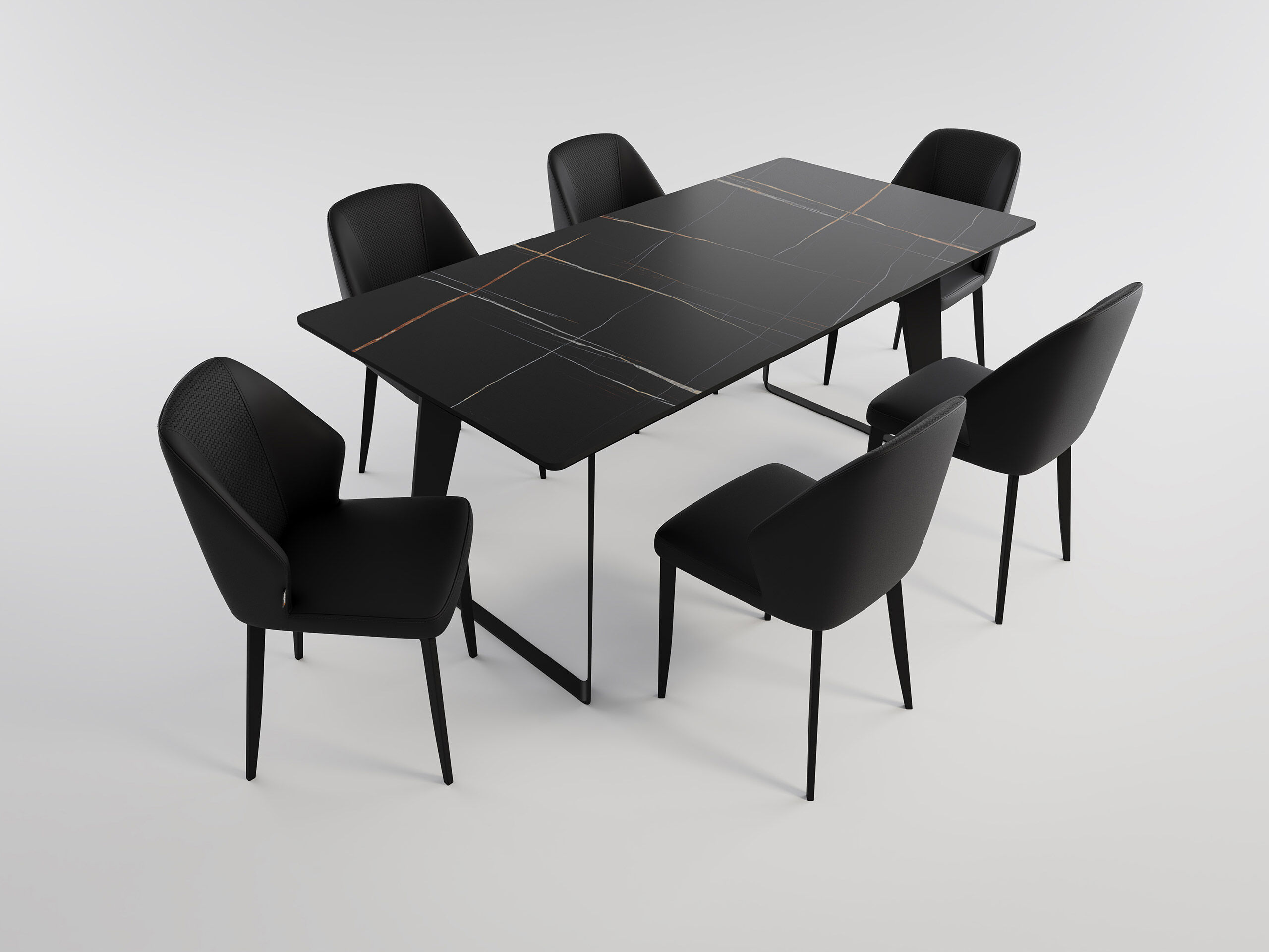 Esstisch Set FLORINT 180 schwarze Keramikplatte mit 6 Stühlen Kunstleder