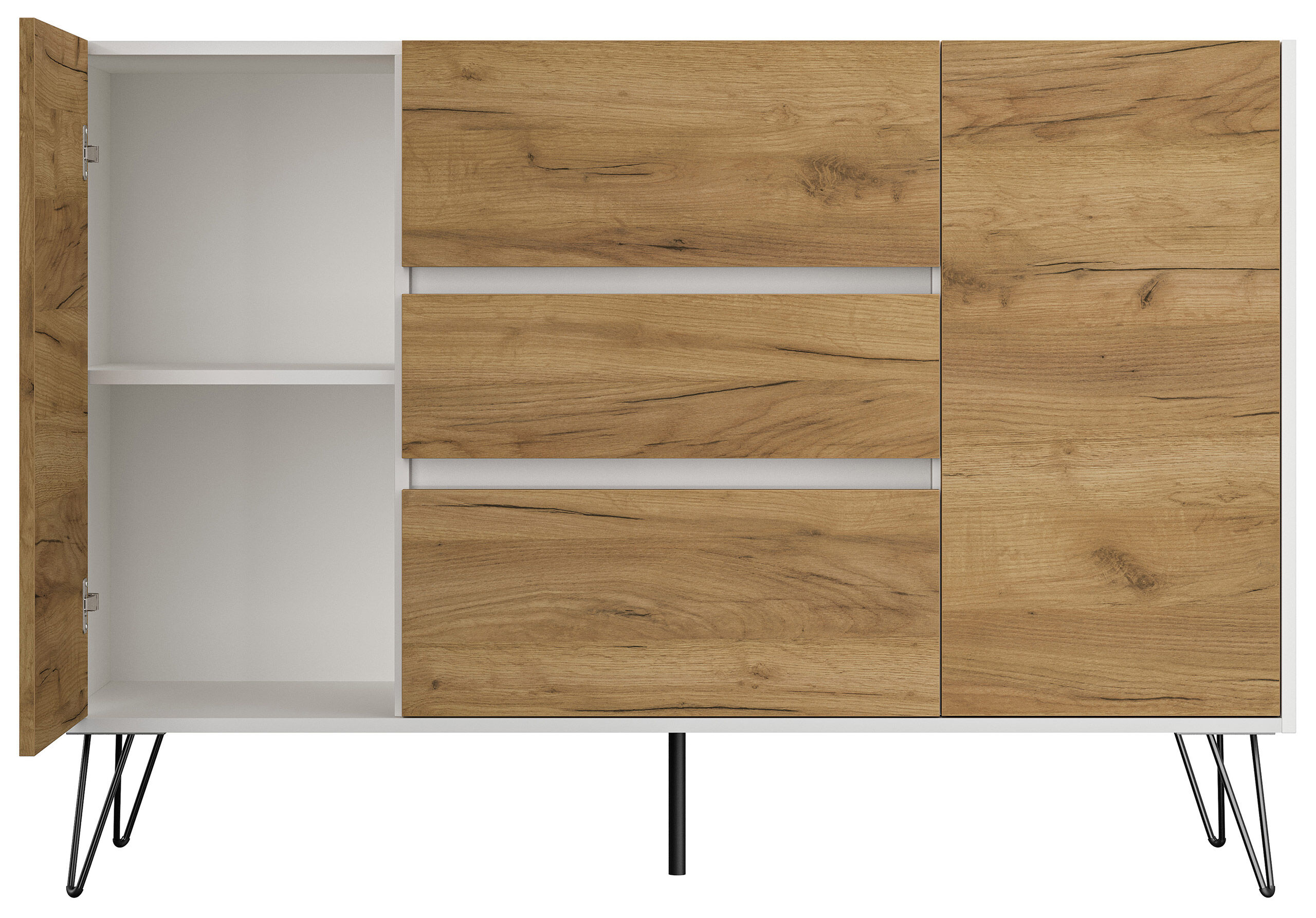 Sideboard Yako XL 140cm 3 SoftClose 2 Türen Weiß/Eiche Front