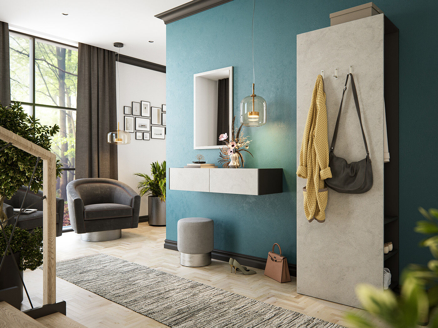 Garderobe Blu-M  3 tlg Konsole Push-to-open Spiegel Paneel 6 Paar Stein