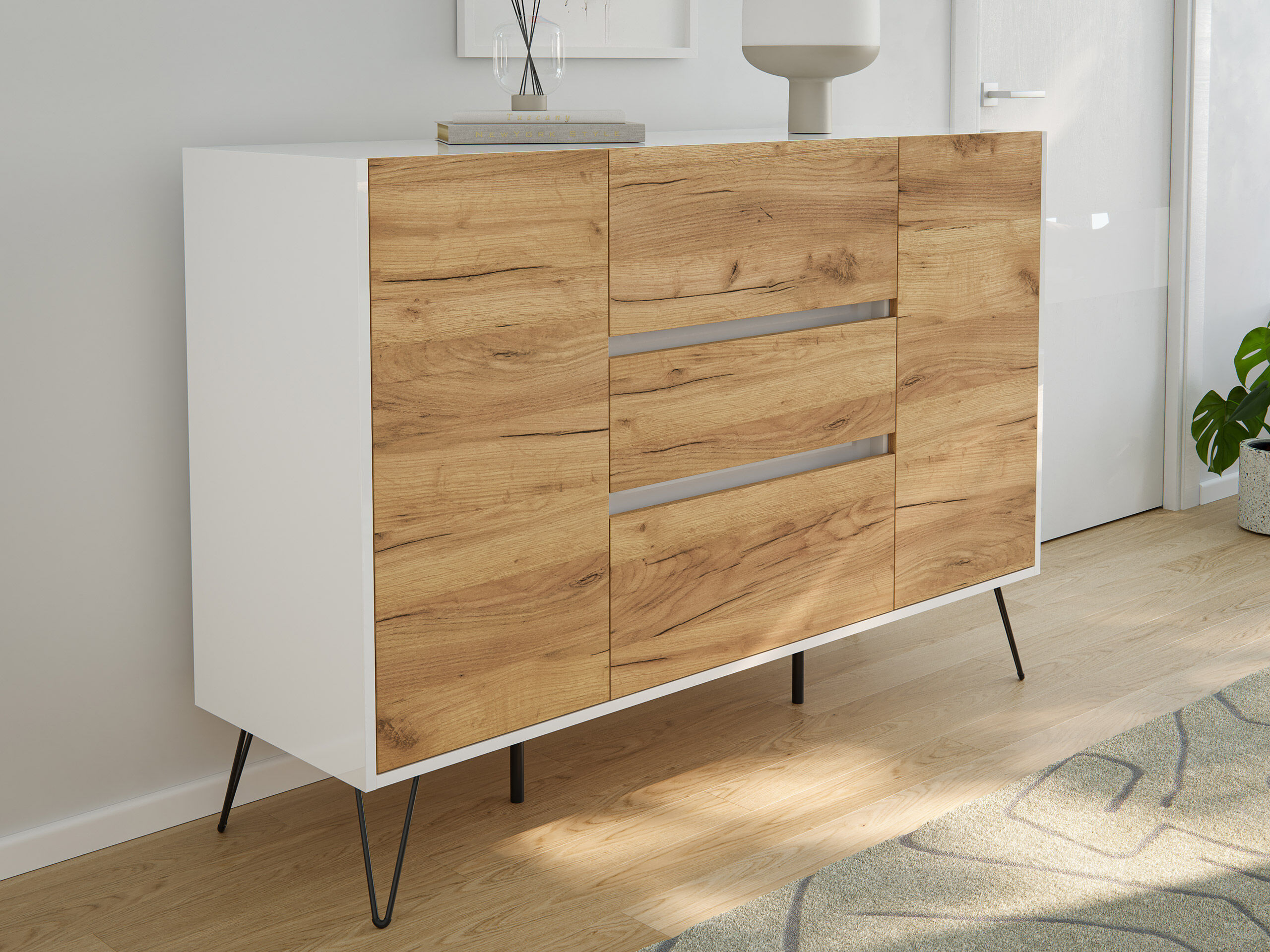 Sideboard Yako XL 140cm 3 SoftClose 2 Türen Weiß/Eiche Front