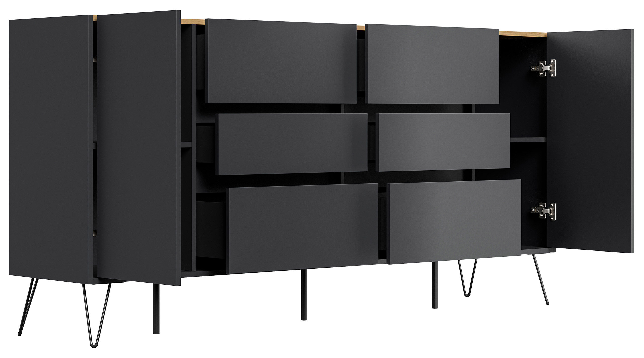 Sideboard Yako XL 200cm 6 SoftClose 2 Türen Grafit/Eiche Top