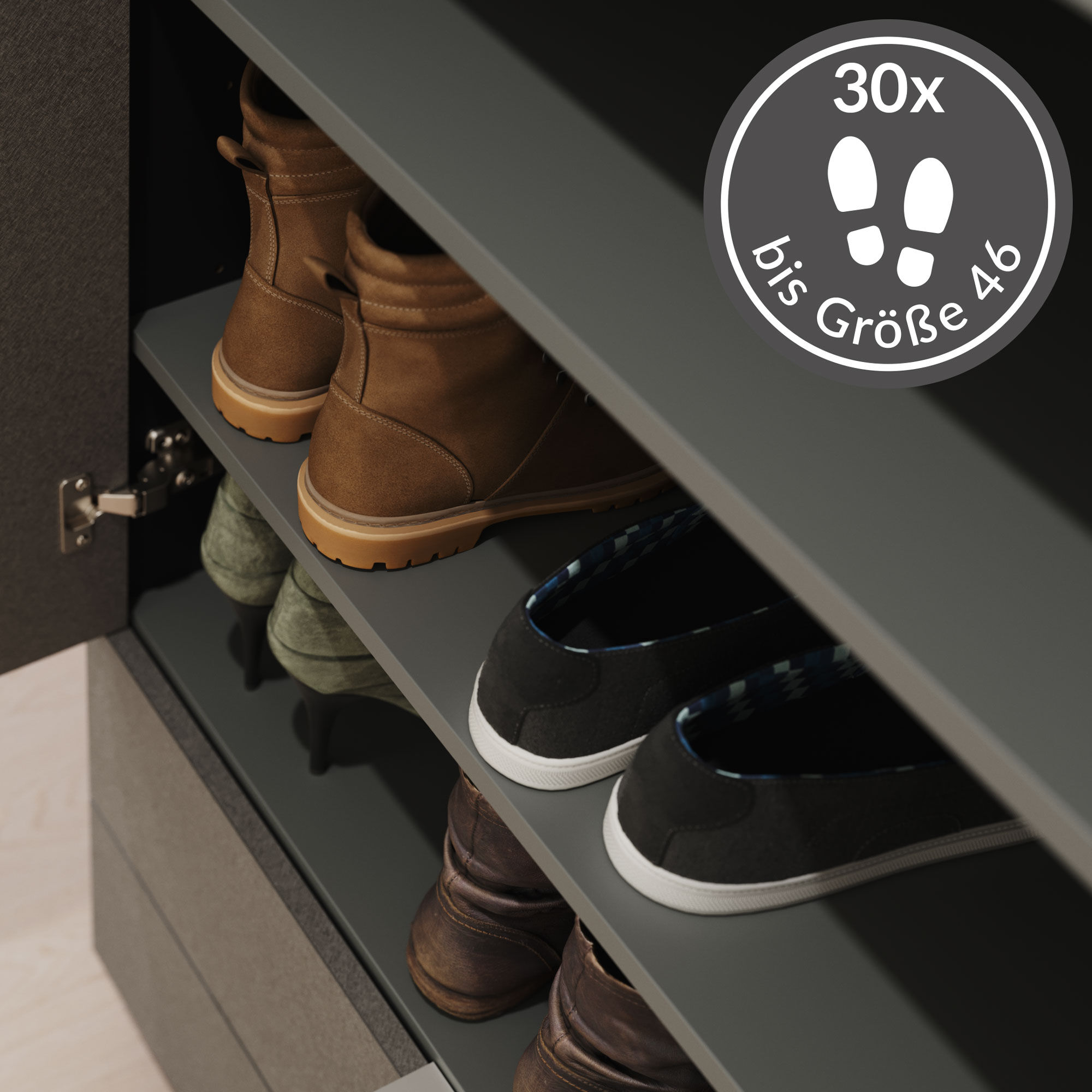 Schuhschrank Castello-L Spiegeltür 2 Softeinzüge 30 Paar Creme-Grafit