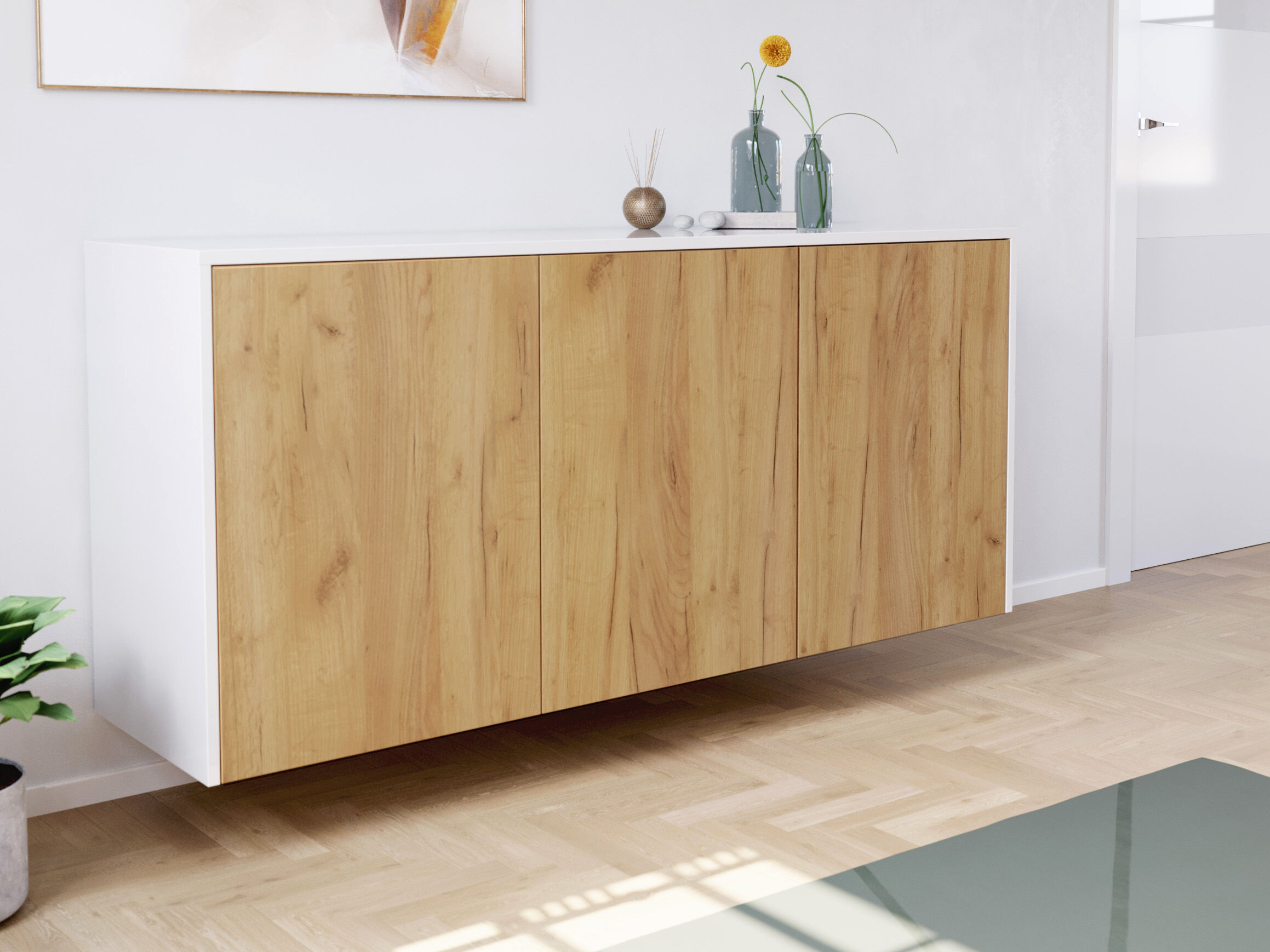 Design Sideboard Kommode Genesis B hängend 150cm 3 Türen Weiß Hgl Eiche | Weiss hochglanz / Eiche Gold