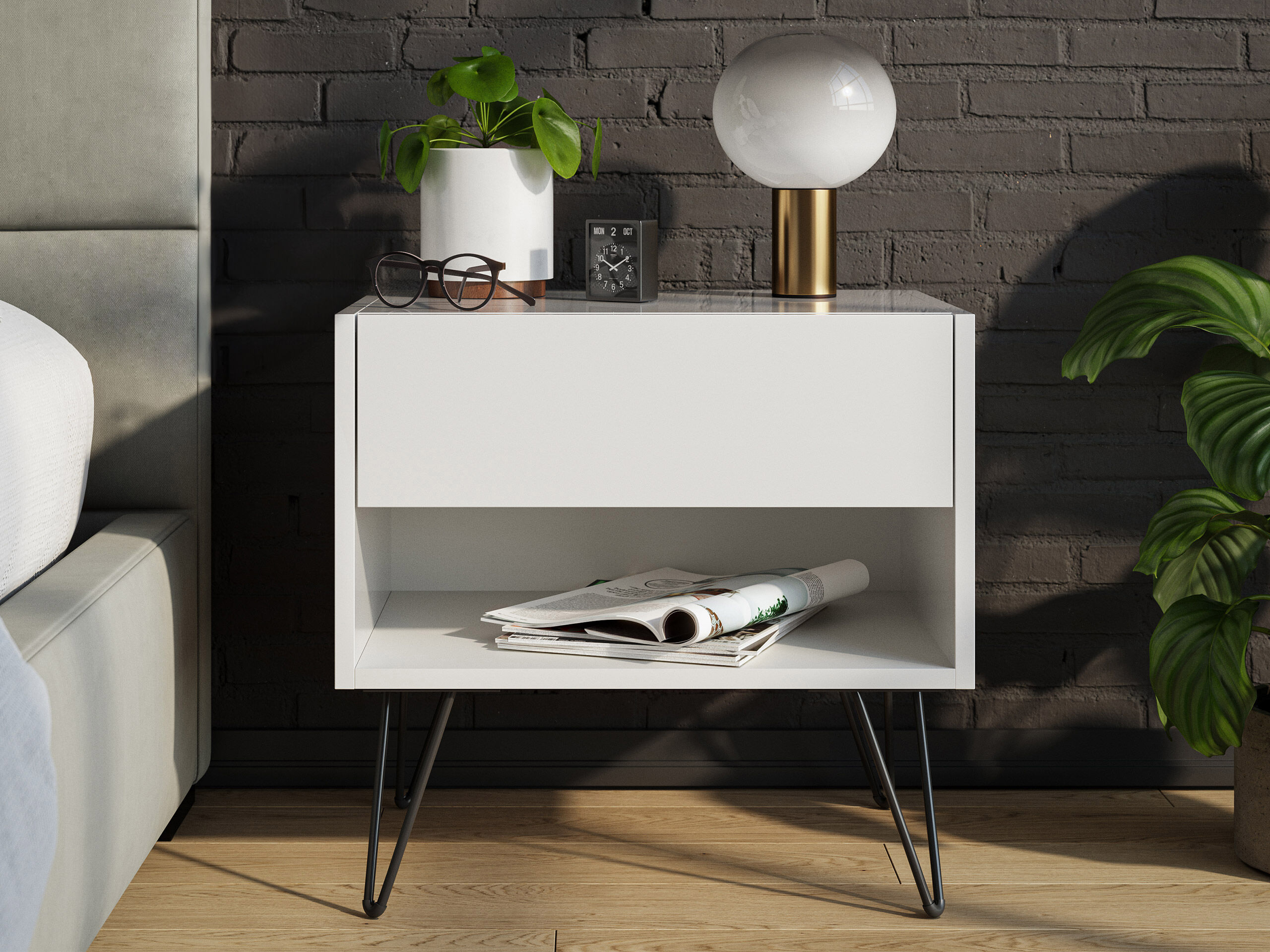 2er Set Nachttisch Kommode Dion 50cm SoftClose stehend Grafit & Eiche Front