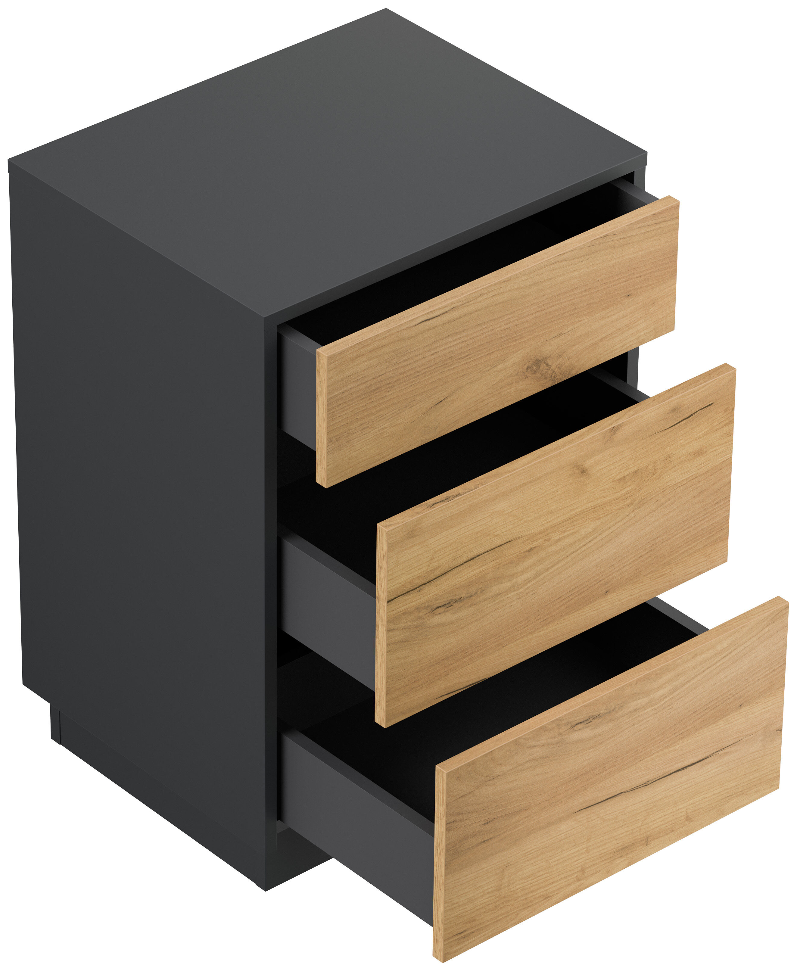 Design Nachttisch Lux M 50cm stehend, 3 Pushauszüge Grafit Eiche