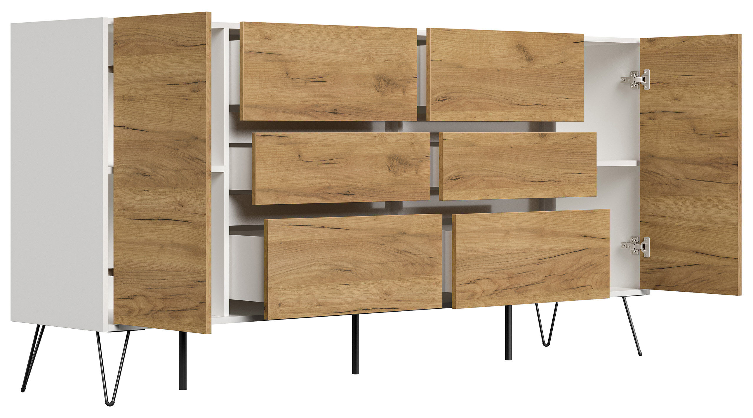 Sideboard Kommode Yako 200cm Greifraum 6 SoftClose 2 Türen Weiß/Eiche Front