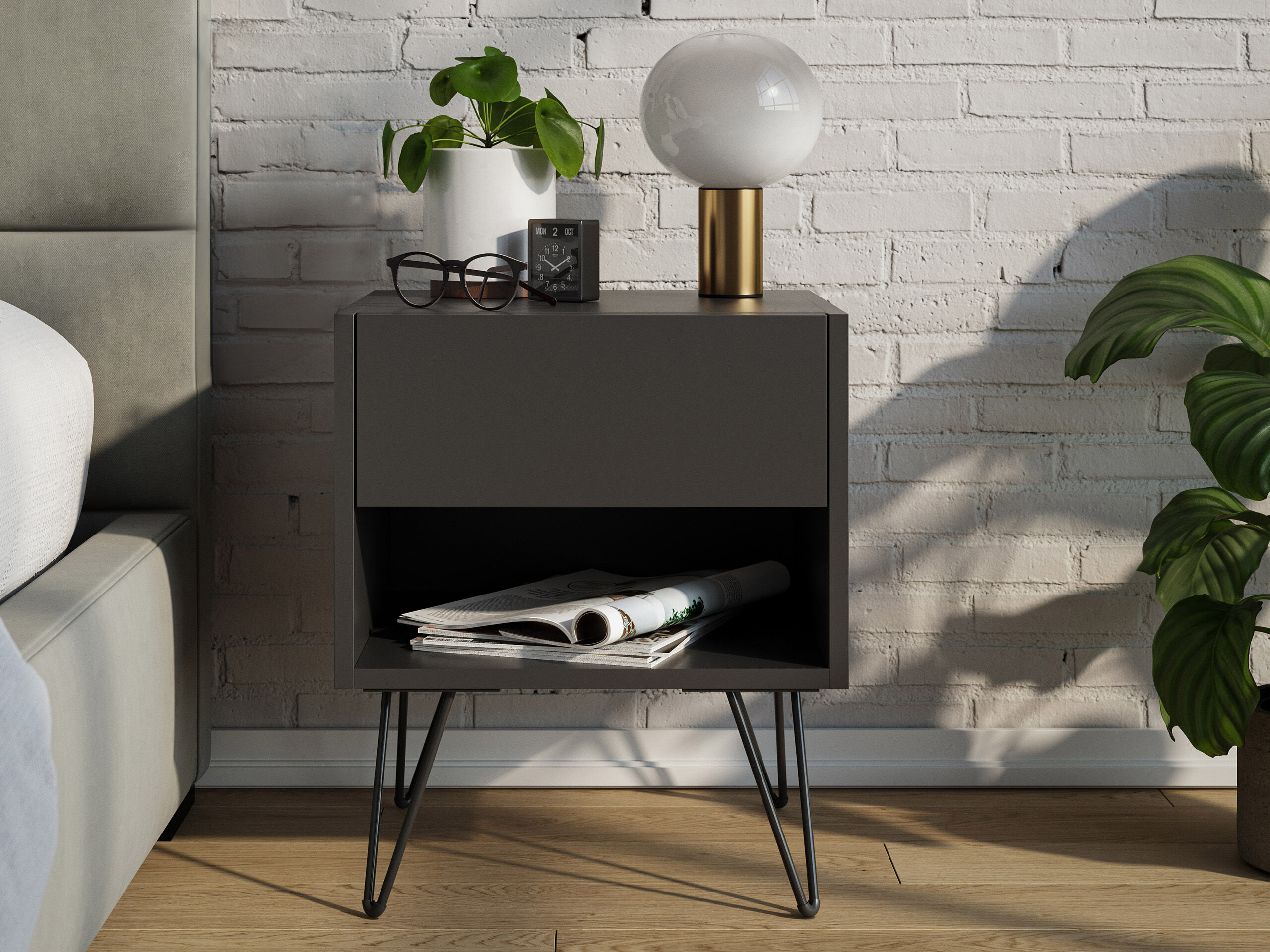 2er Set Nachttisch Dion 40cm SoftClose stehend Weiß & Eiche Front