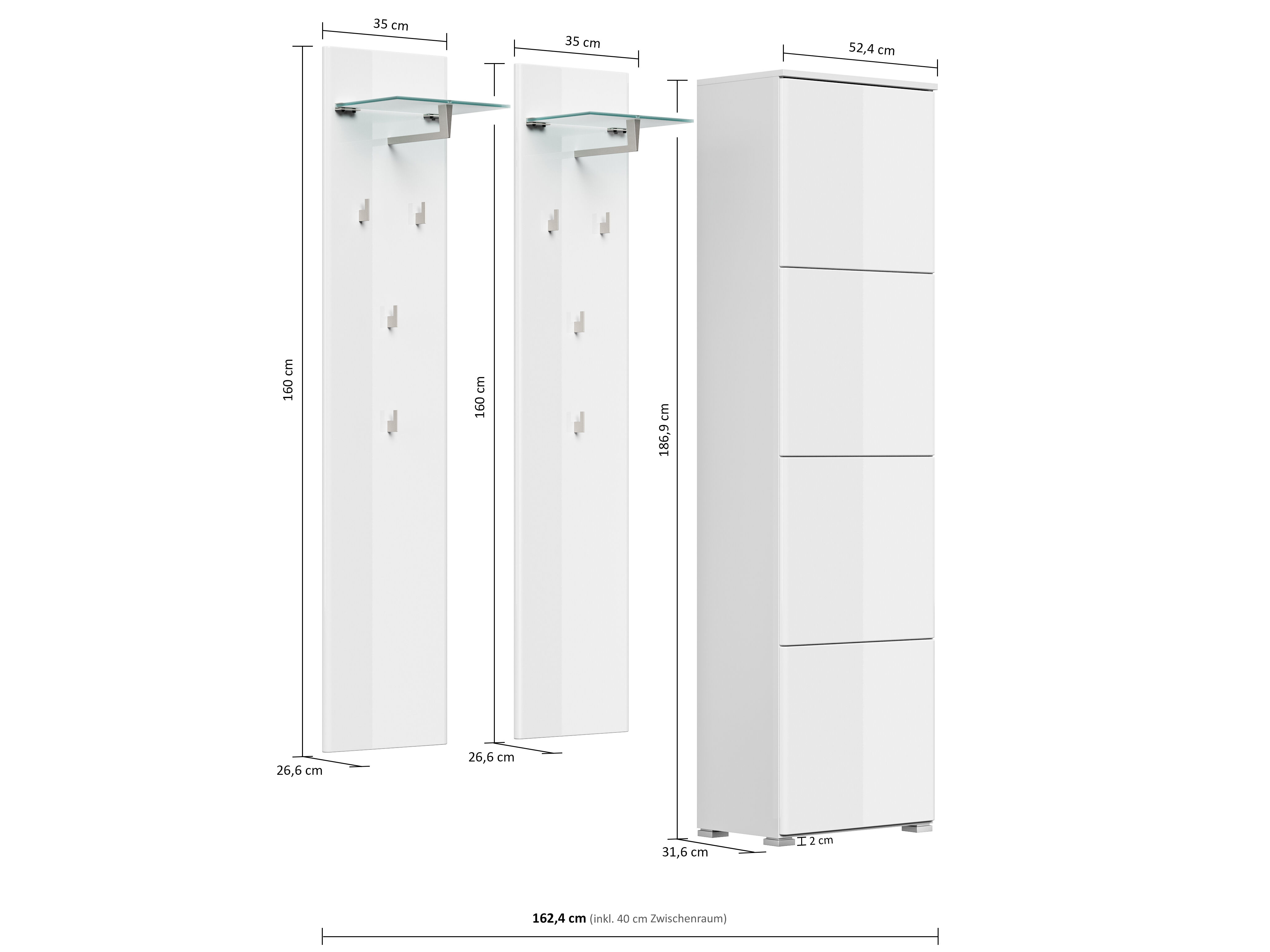 Garderobe Set 013 Lancaster 3 tlg Schuhschrank 4 Klappen 16 Paar Weiss-Weiss Hgl