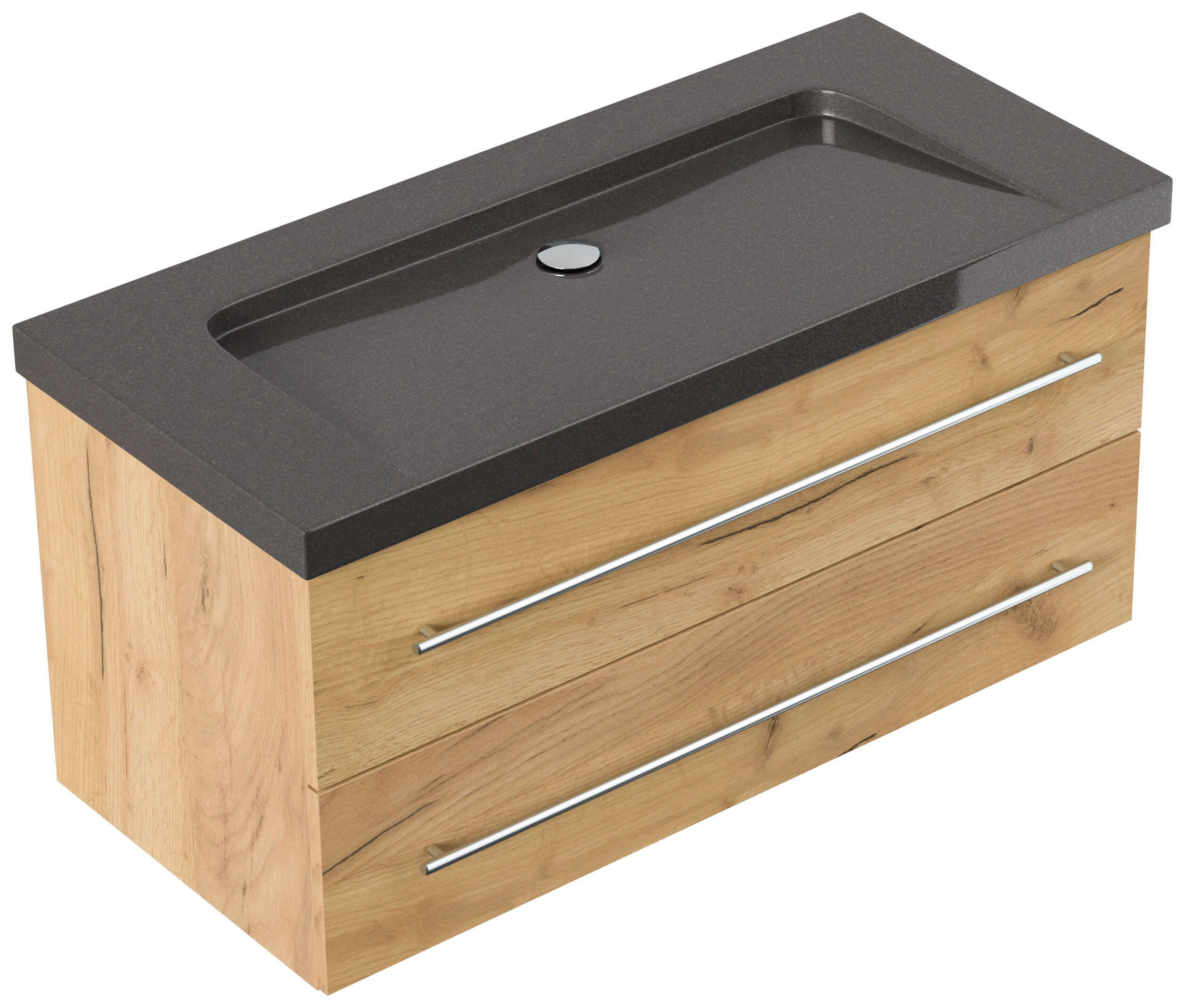 Badmöbel Granit India Black Damo 100 cm ohne Hahnloch SoftClose eiche gold