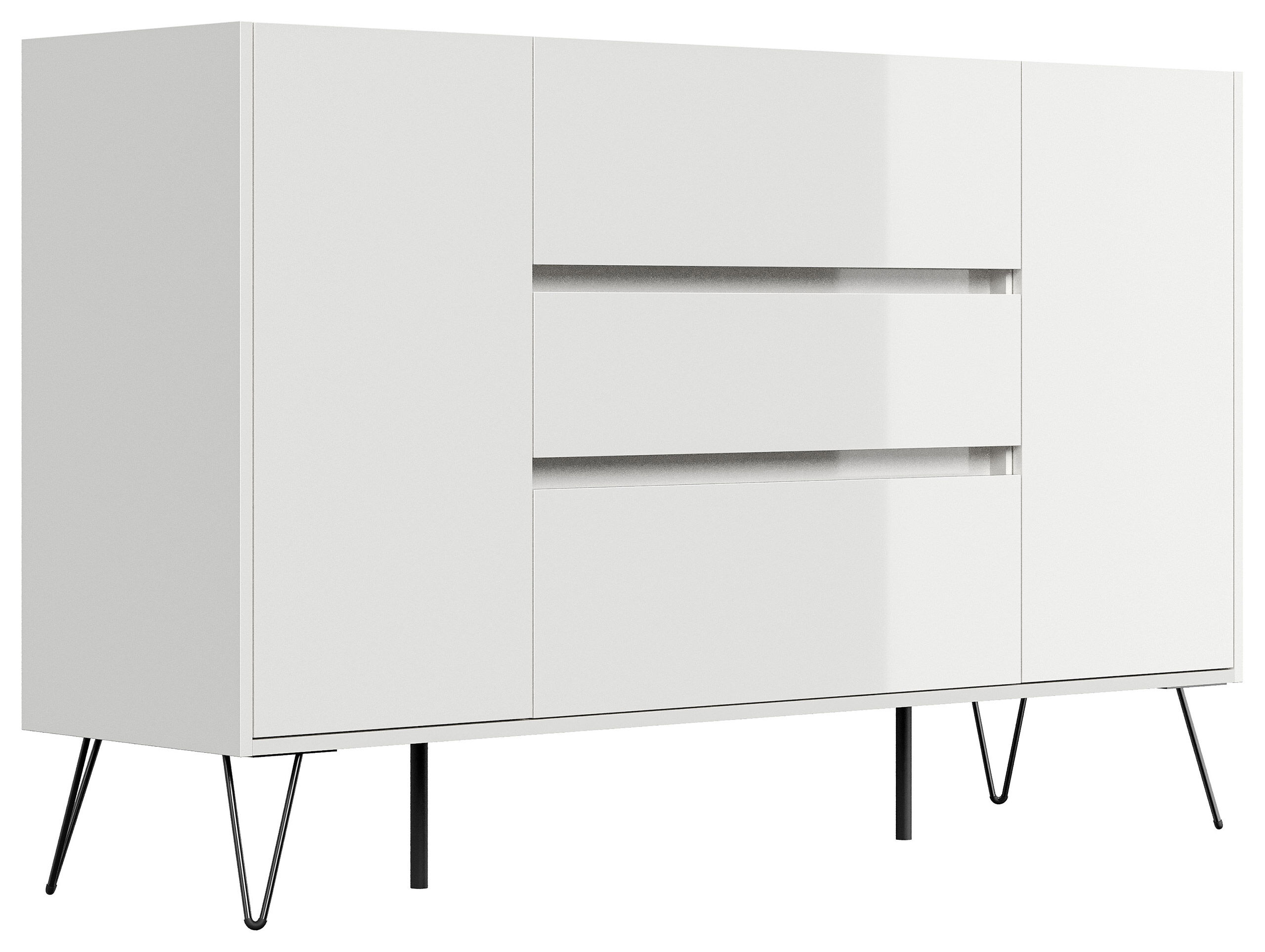 Sideboard Kommode Lovo 155cm Greifraum 3 SoftClose 2 Türen Weiß/Eiche Front