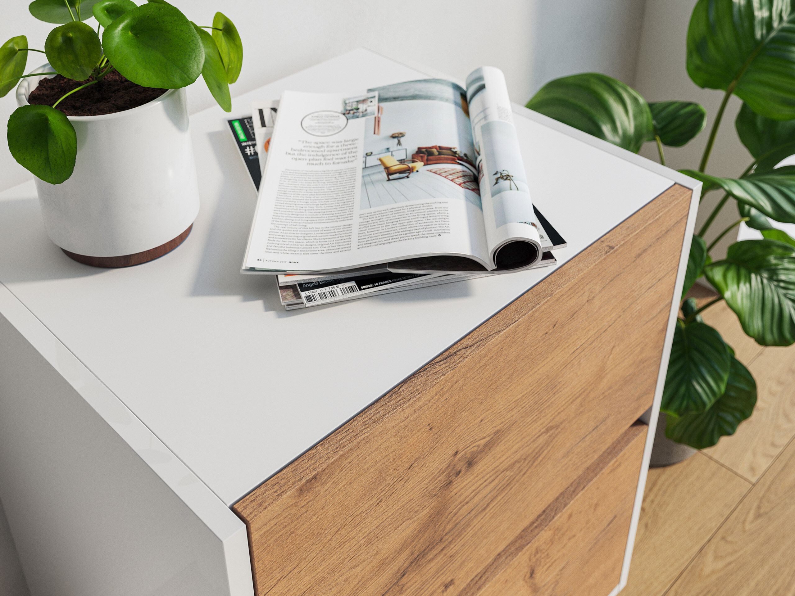 Nachttisch Yako 50cm 2 SoftClose stehend Weiß & Eiche Front