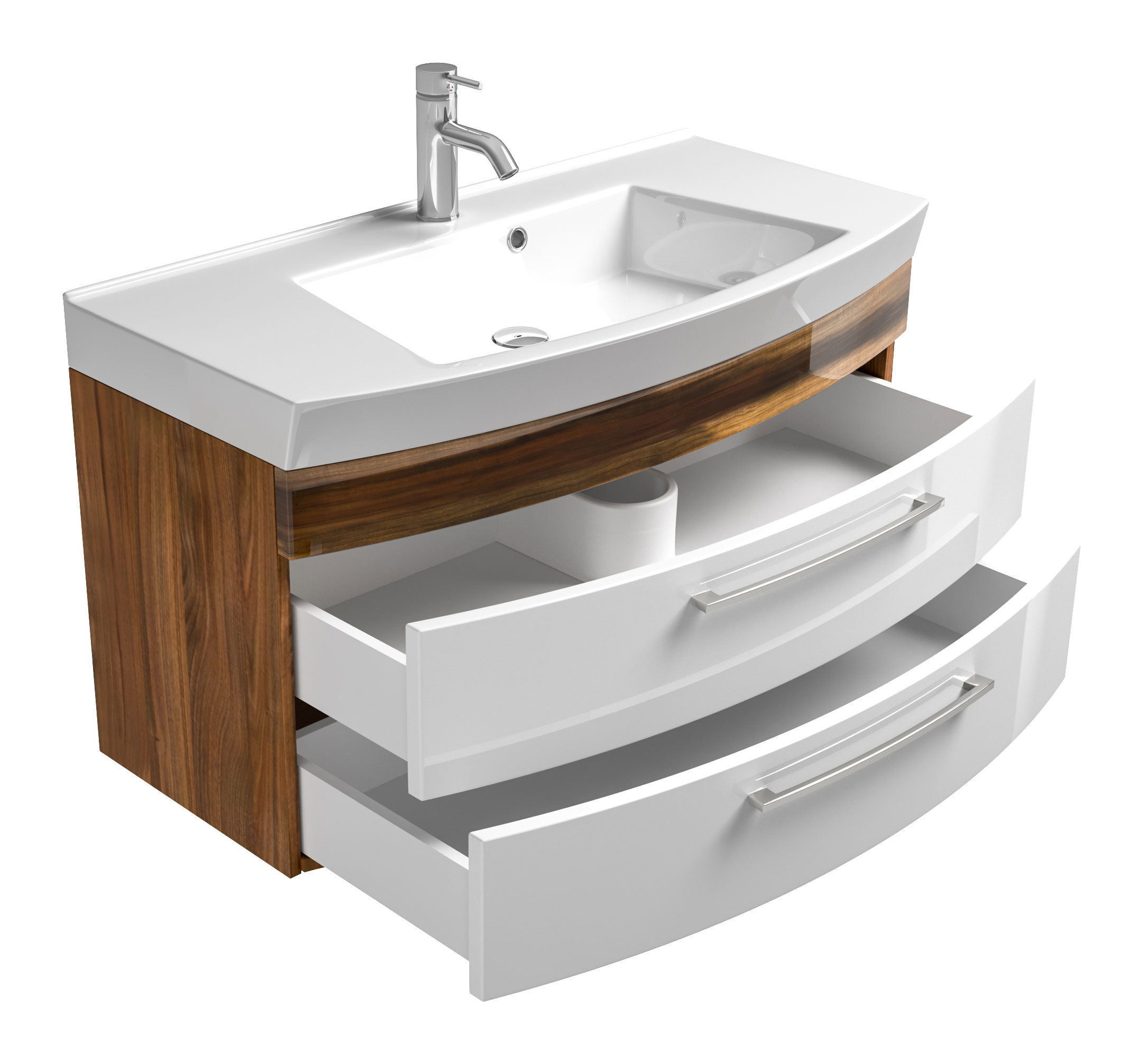 Badmöbel-Set EEK: A Malema in Walnuss- weiß mit abgerundeter Front 6-teilig