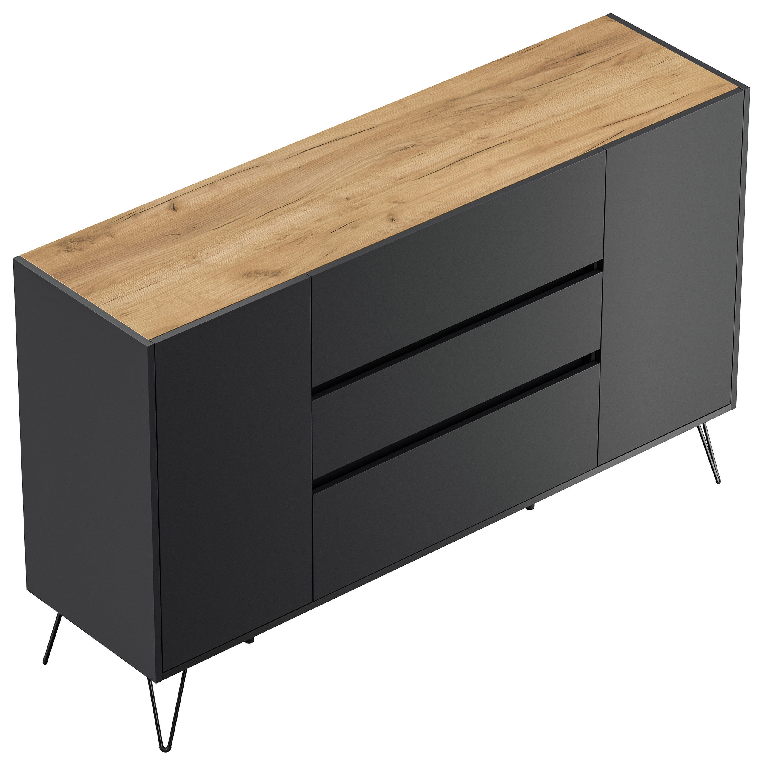 Sideboard Kommode Lovo 155cm Greifraum 3 SoftClose 2 Türen Weiß/Eiche Front