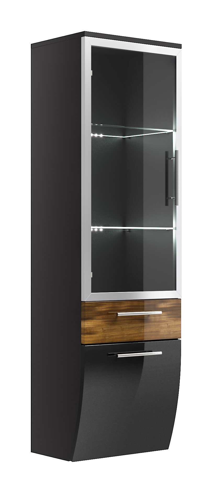 Hochschrank Salona 135 cm mit Glastür Walnuss hochglanz/Grafit hochglanz