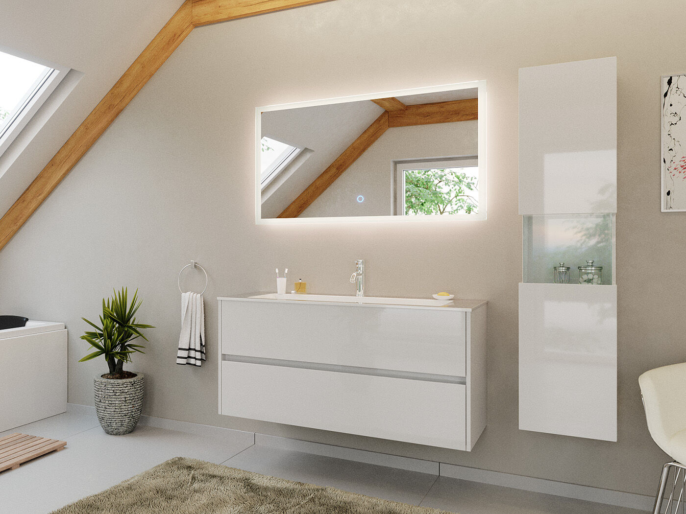 Badmöbel Set Taifun 3tlg. 120 cm mit LED Spiegel & Hochschrank weiß Hgl