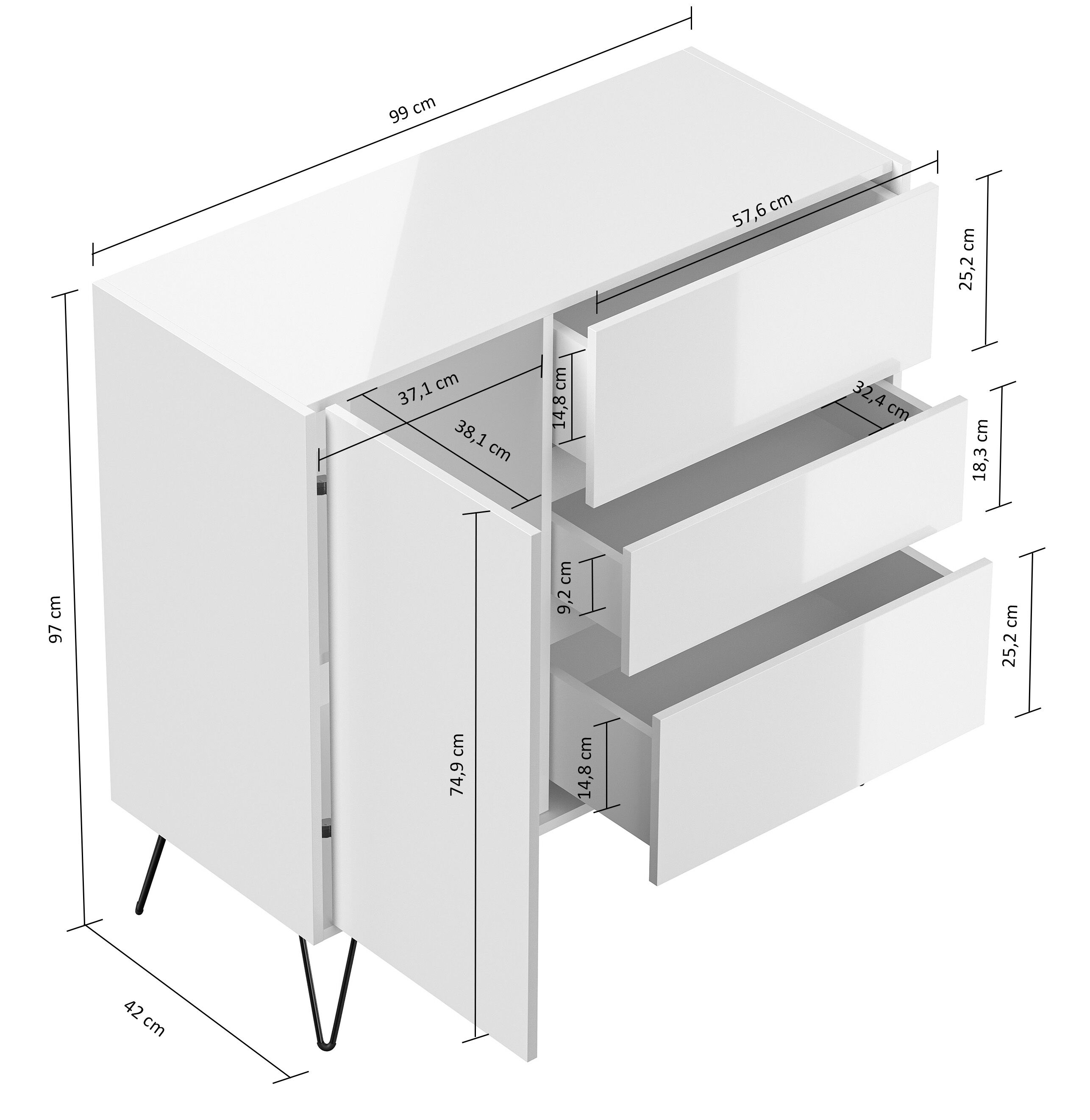 Design Sideboard Kommode Altan 100cm Greifraum 3 SoftClose 1 Tür Weiß/Eiche Top